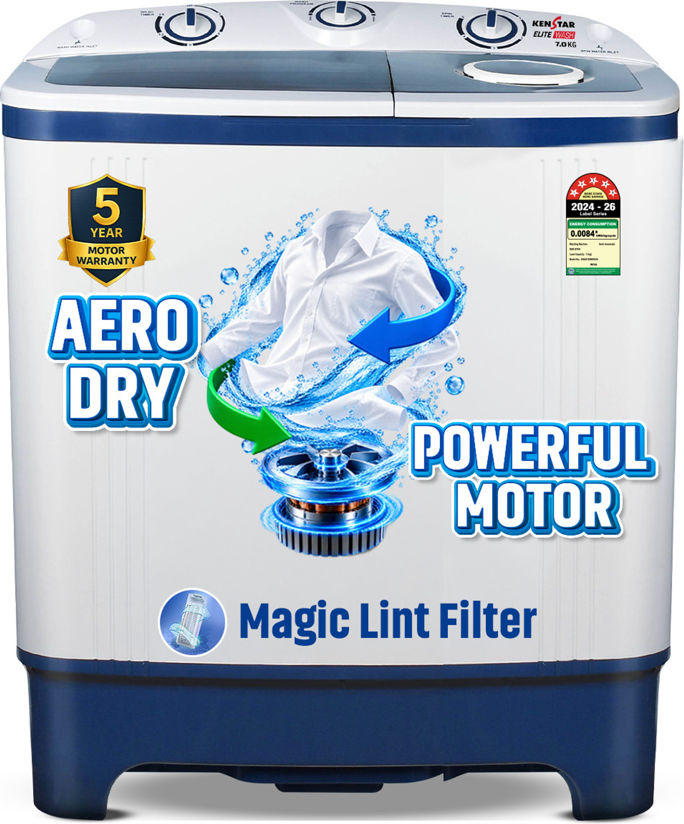 Kenstar 7 kg 5Star Rated Energy Efficient Motor With 1350RPM, Aero Dry Function , Magic Lint Filter Semi Automatic Top Load Washing Machine Blue, White