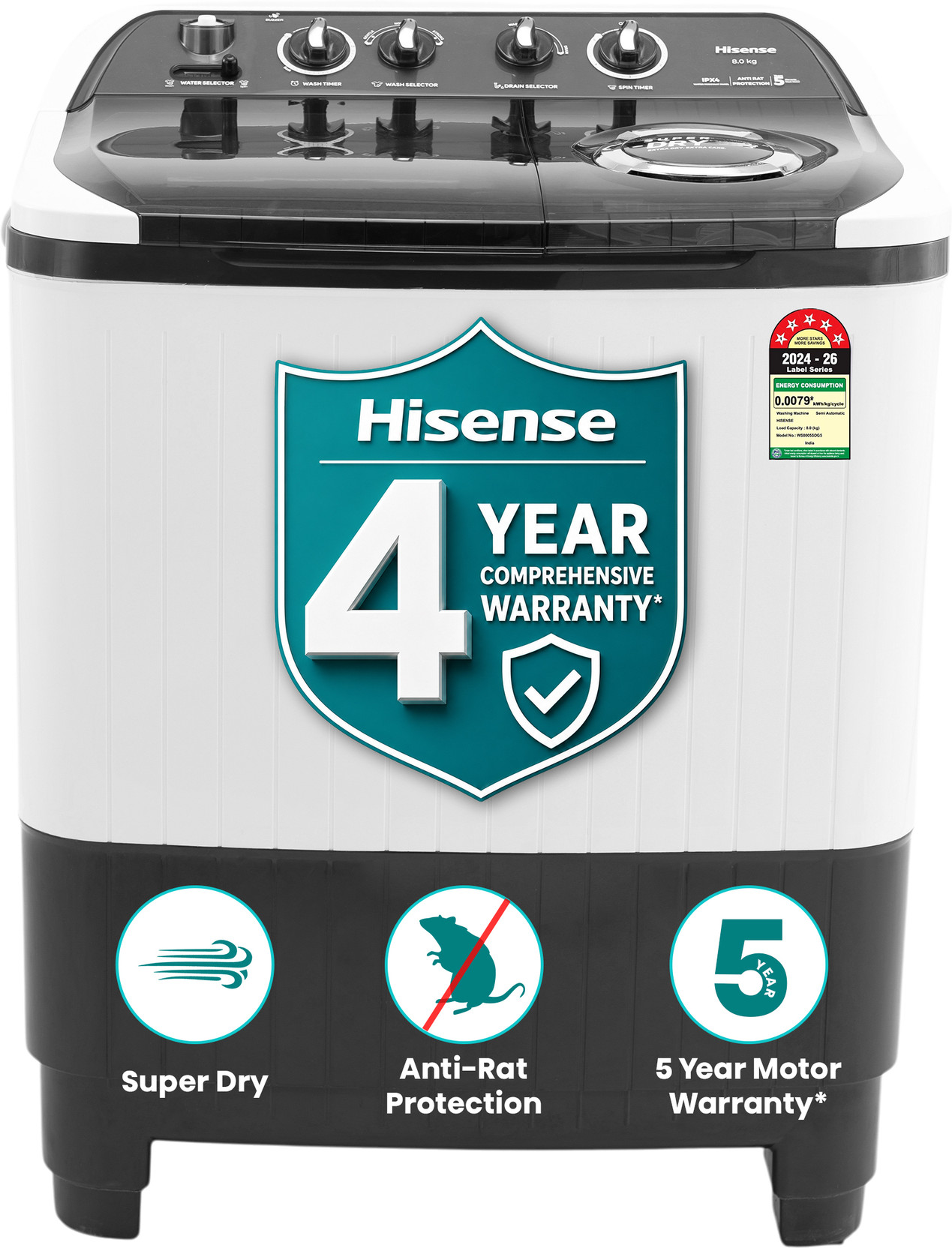 Hisense 8 kg Semi Automatic Top Load Washing Machine Grey