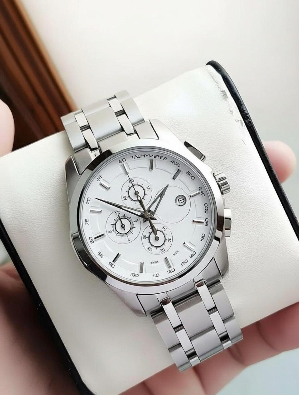 Day & Date Feature Dial Stainless Steel Strap Analog Watch  - For Men (Silver Colored Dial Silver Strap)