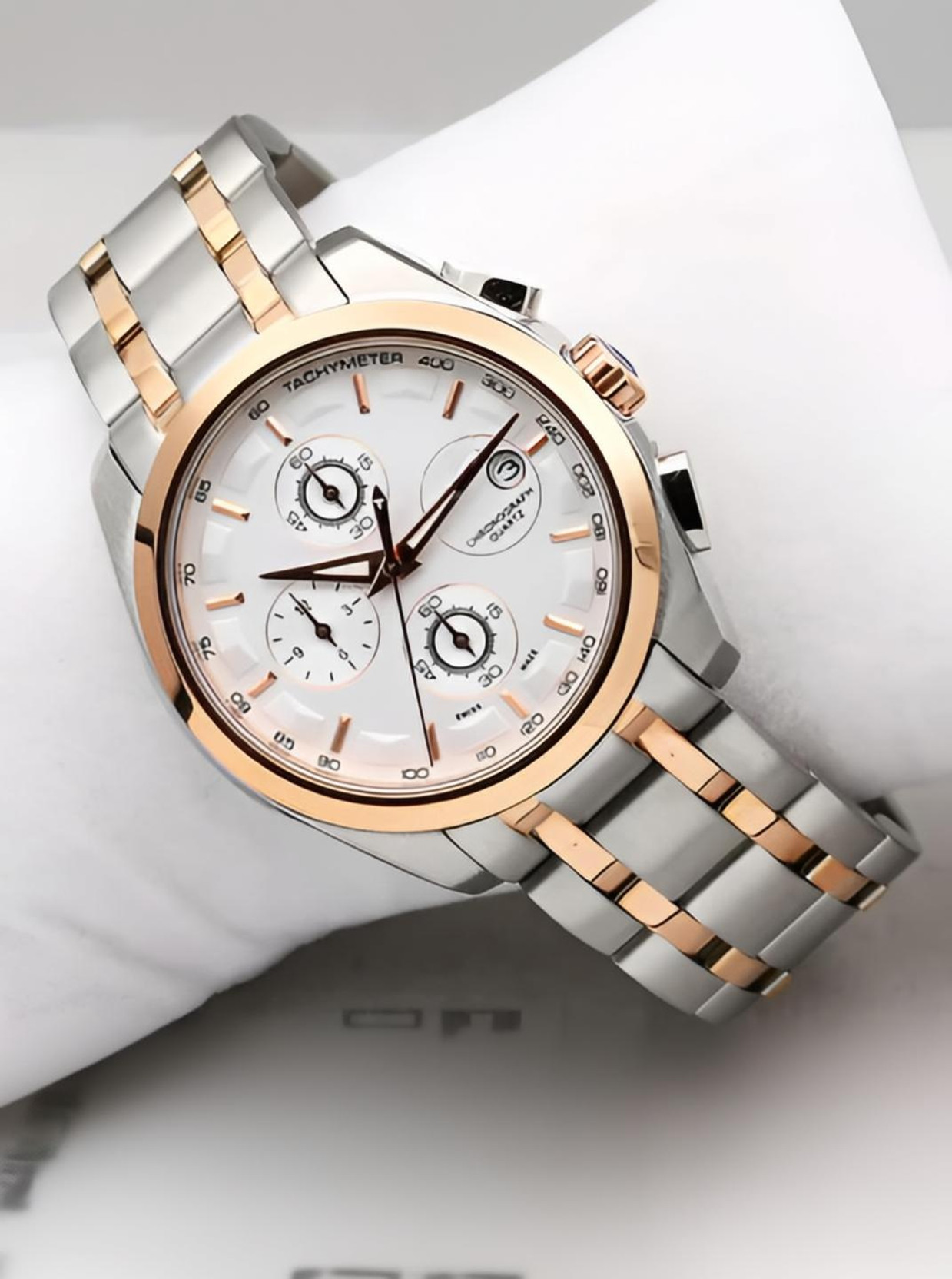 Men's Silver Dial, Dual Tone Stainless Steel Band, Date Features, Foldover Clasp Analog Watch  - For Men BOY-TST