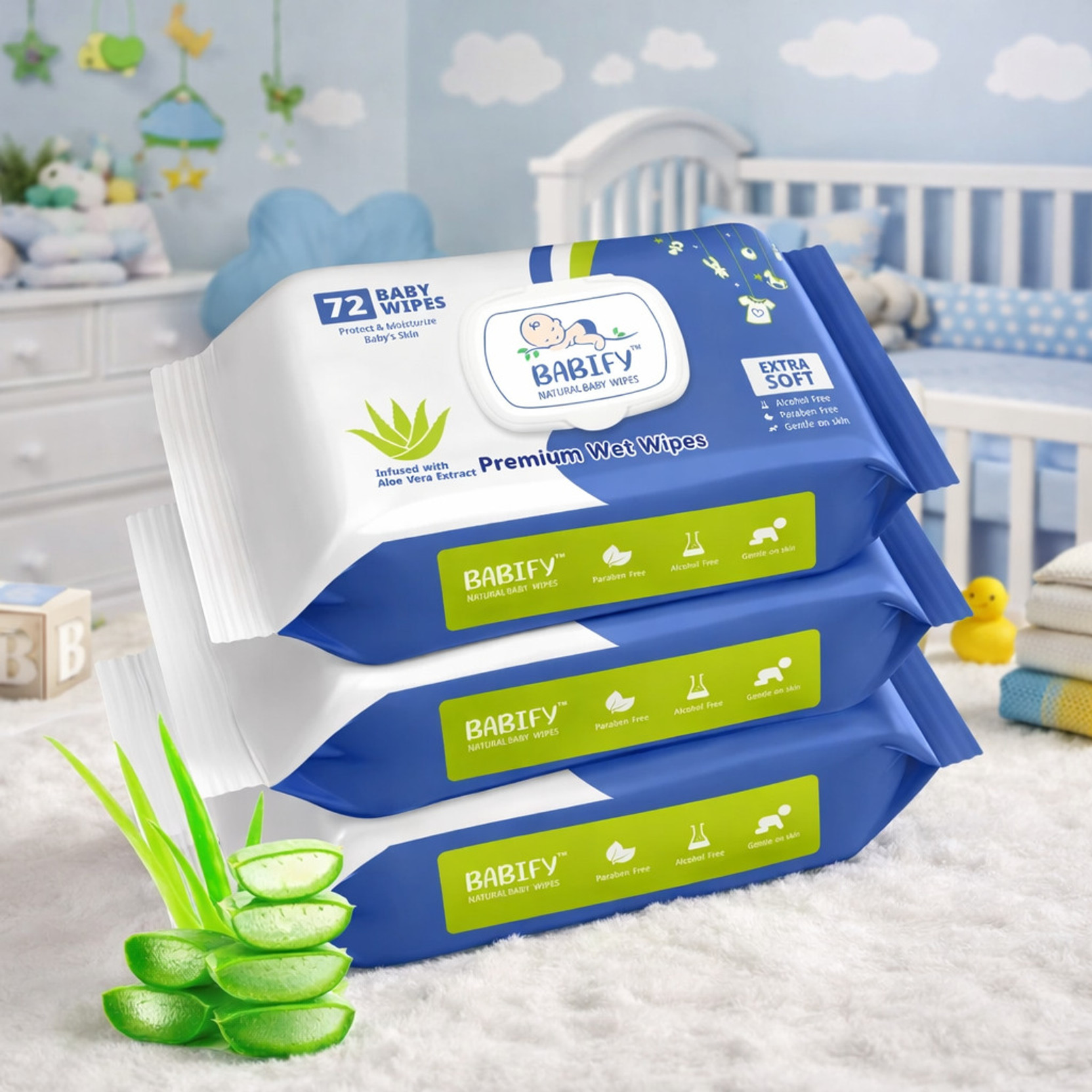 BabiFy Premium Baby Wet Wipes with Aloe Vera & 99% Pure Water | Paraben Fee (Pack of 3)