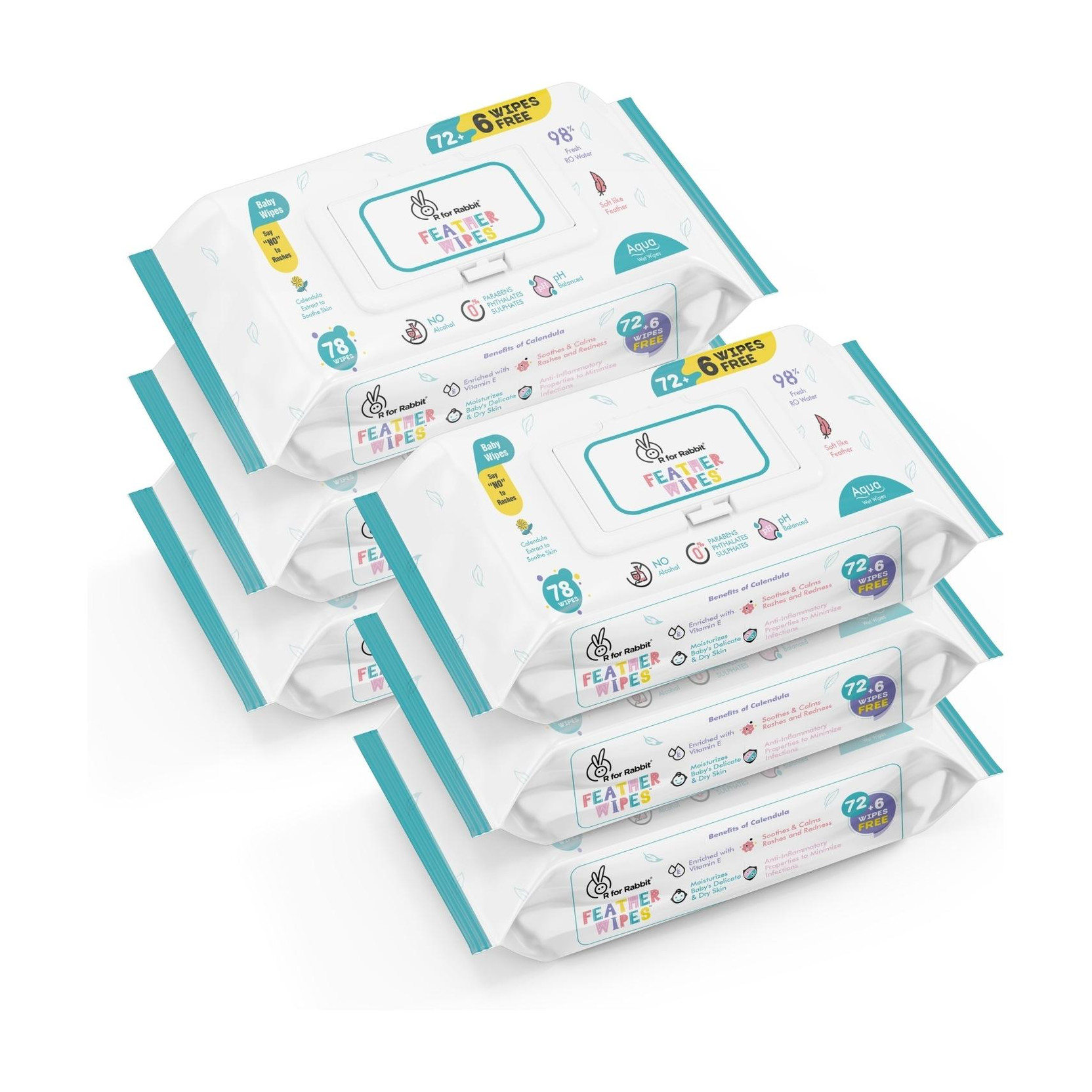 R for Rabbit Aqua Baby Wipes Water Based With Lid 6 Pack x 78