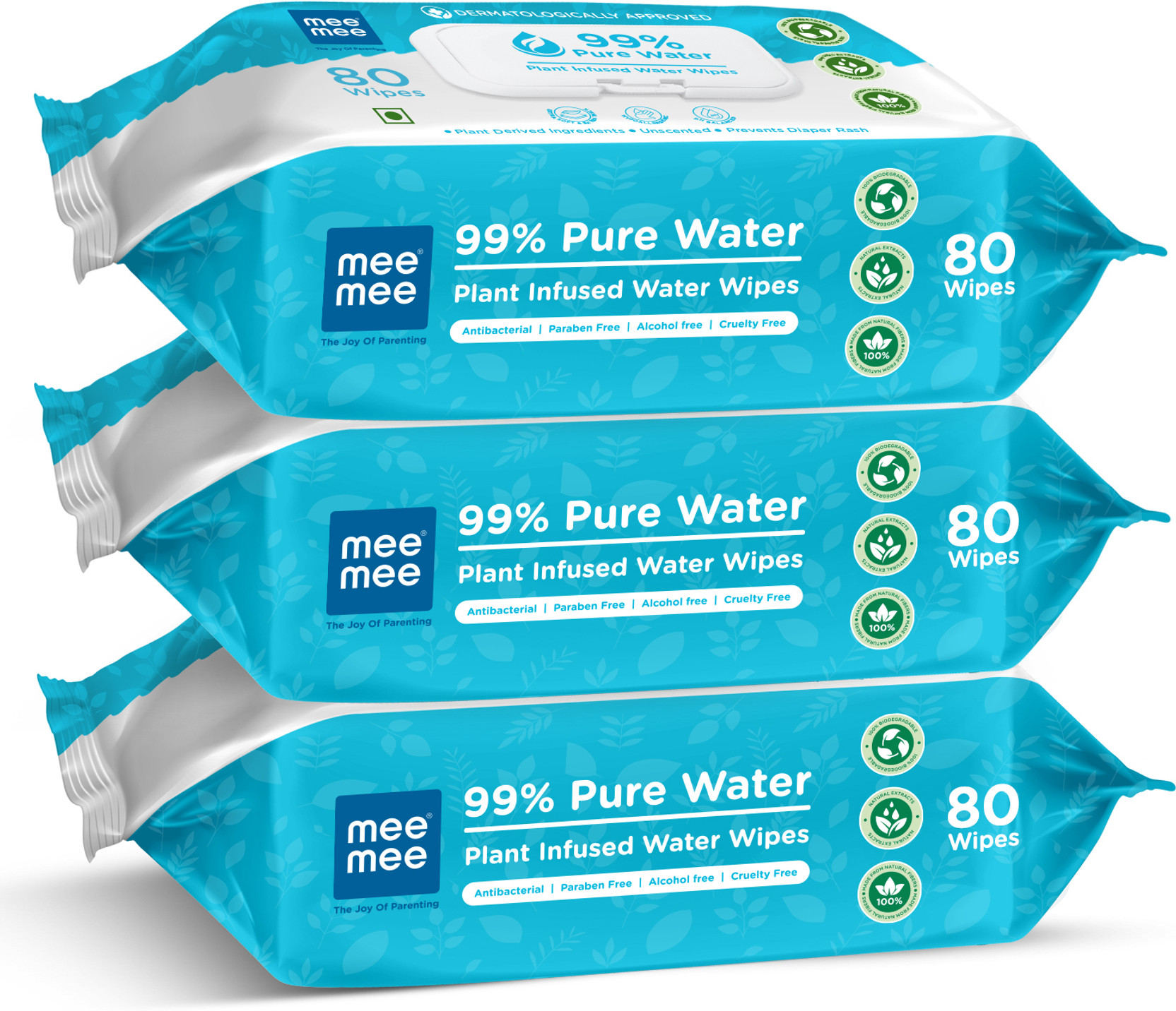 MeeMee 99% Pure Water Plant Infused Water Wipes - 80 Wipes (Pack of 3)