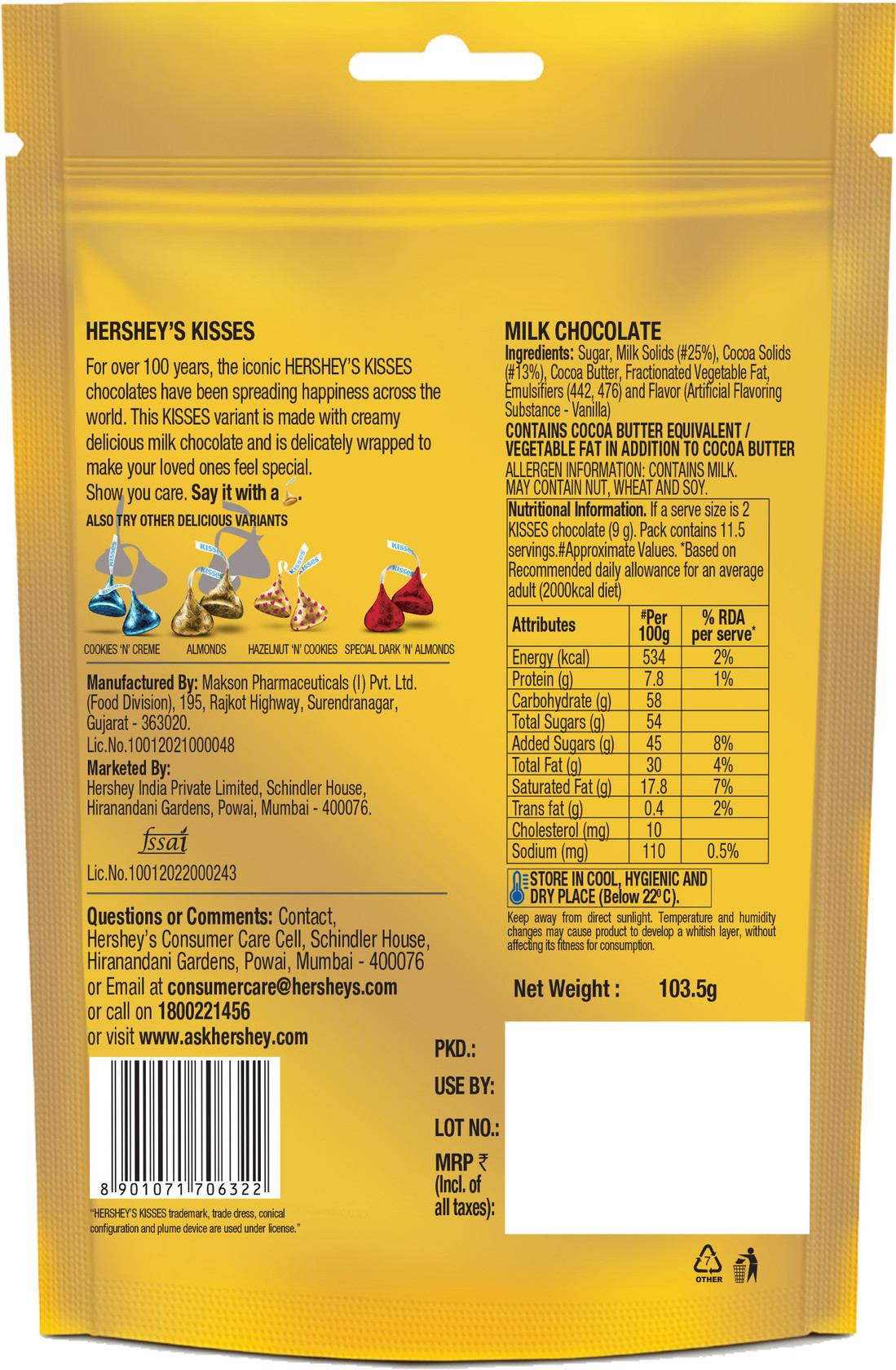 Hershey's Kisses Milk Chocolate 103.5 gm