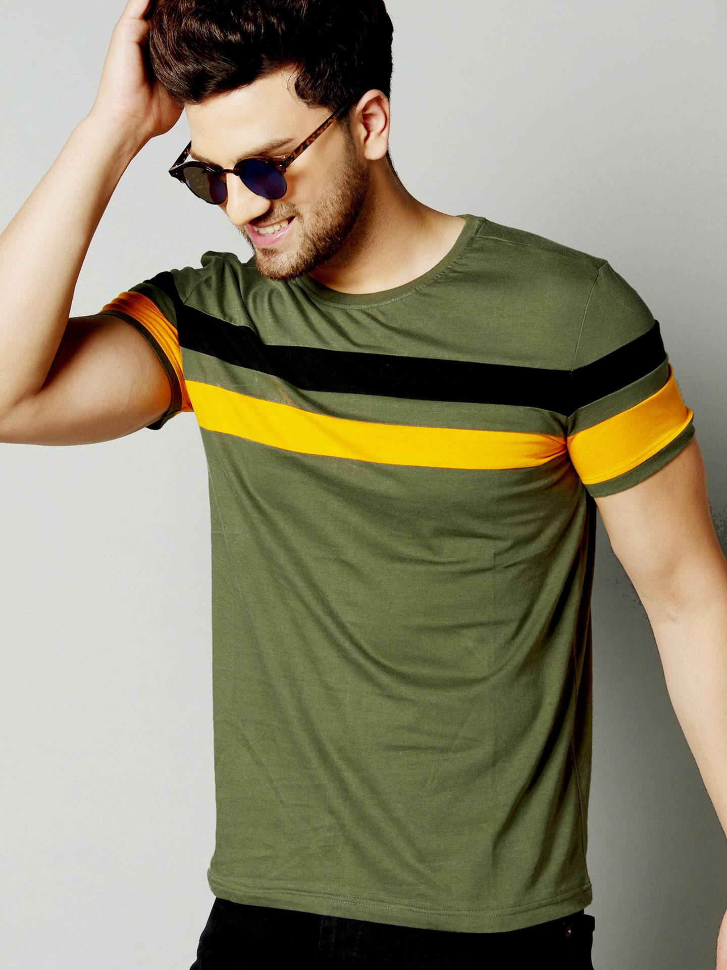 AUSK Colorblock Men's Cotton Blend Tee - Green, Black, Yellow