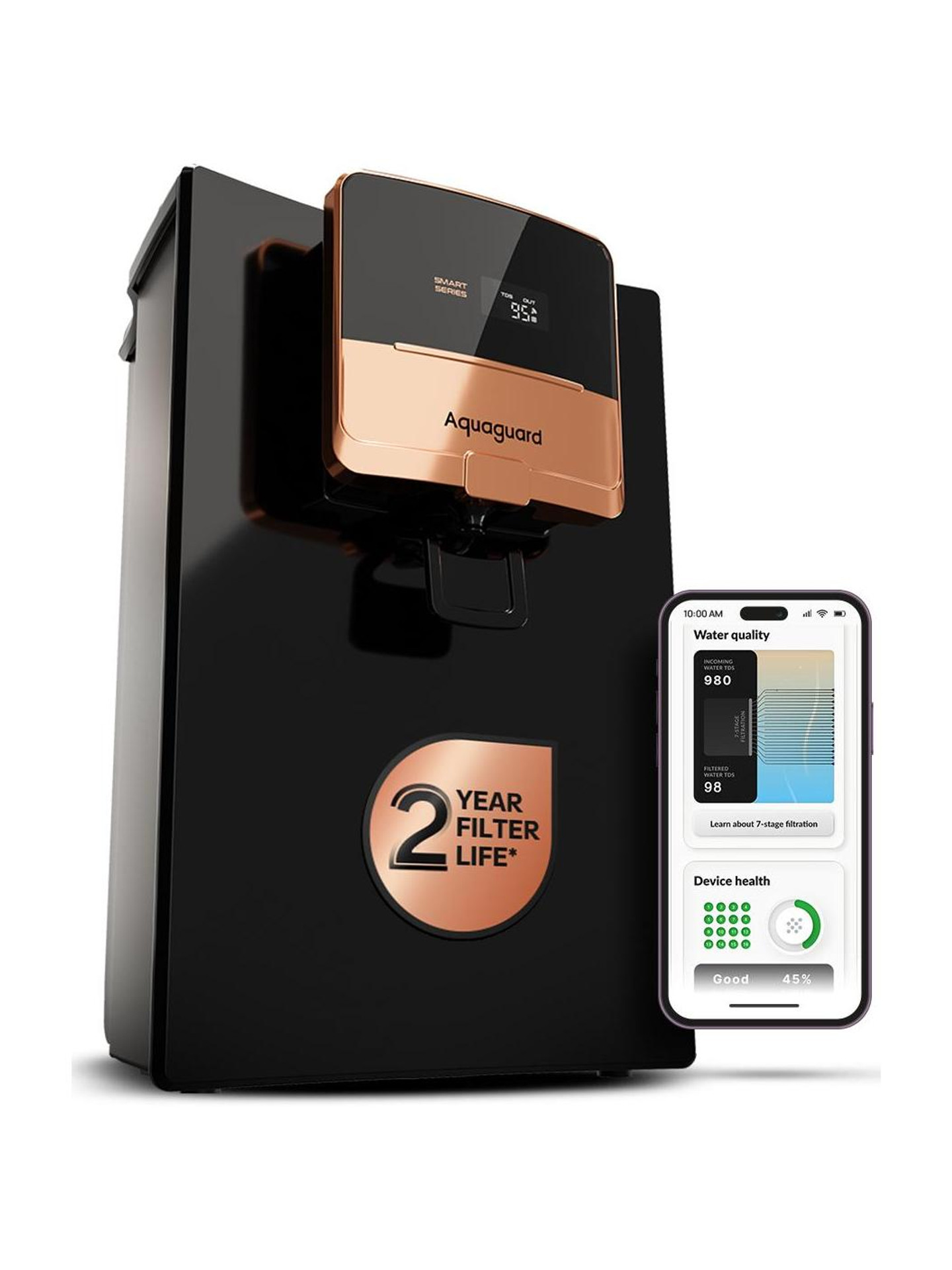 Aquaguard Ritz Pro 2X Life, WiFi-enabled, Smart IoT, 9-Stage 6 L RO + UV + Copper Water Purifier Titanium Duo Filters last for 2 years |Wi-Fi enabled SMART Filter Life Monitoring |Automated Service Alerts | Water Quality Monitoring | Water consumption Tracker | IoT