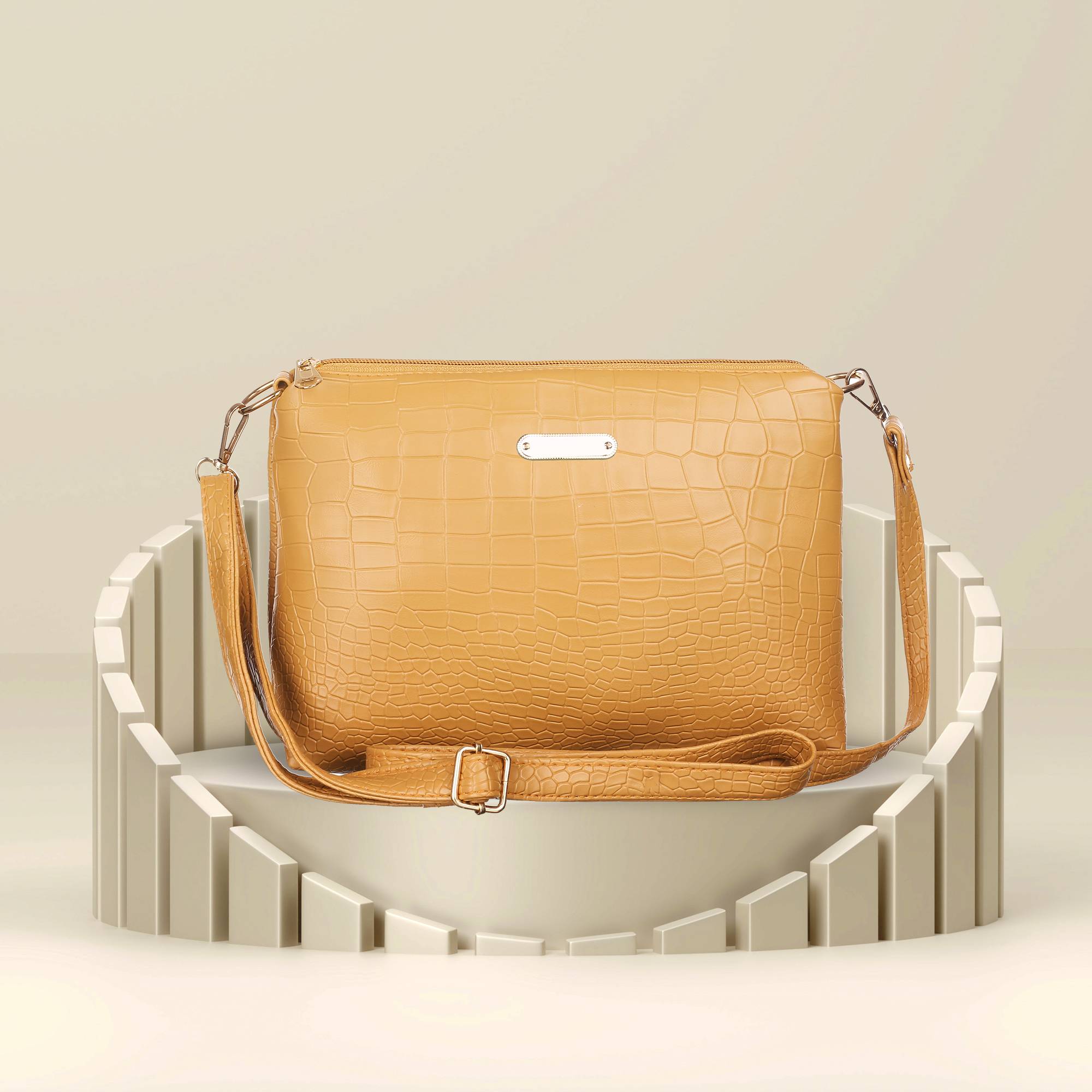 Leather Land Gold, Yellow Sling Bag American Crocodile Sling In Golden