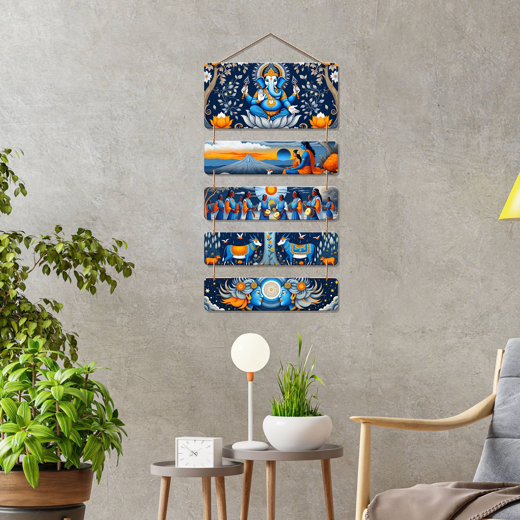 Ganpati, Cows & Devotional Art Wooden Wall Hanging