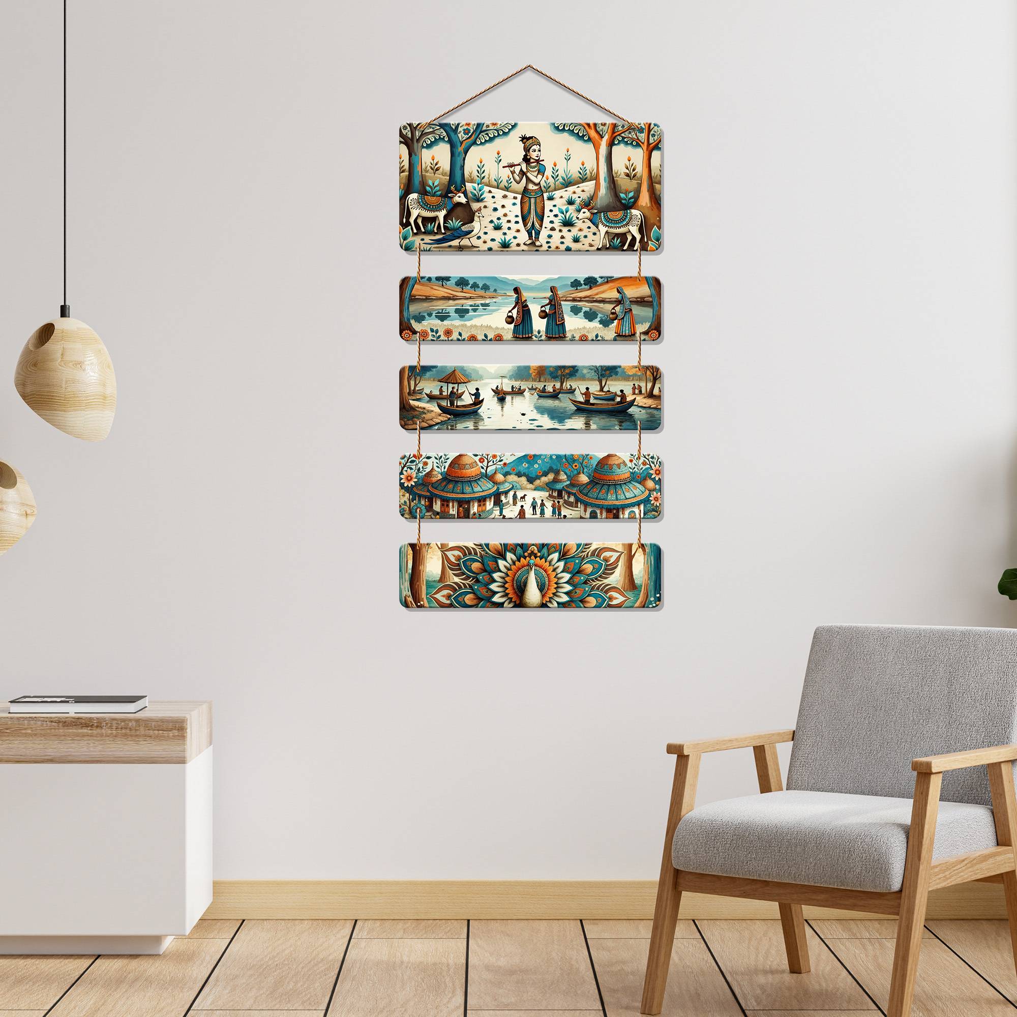 Krishna Rural Life Art Wooden Wall Hanging Decoration Item for Home