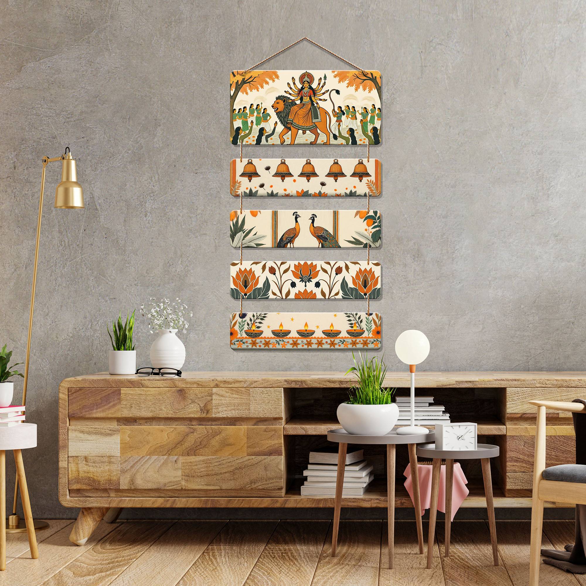 Devi Durga and Peacock Design Wooden Wall Hanging Decoration Items