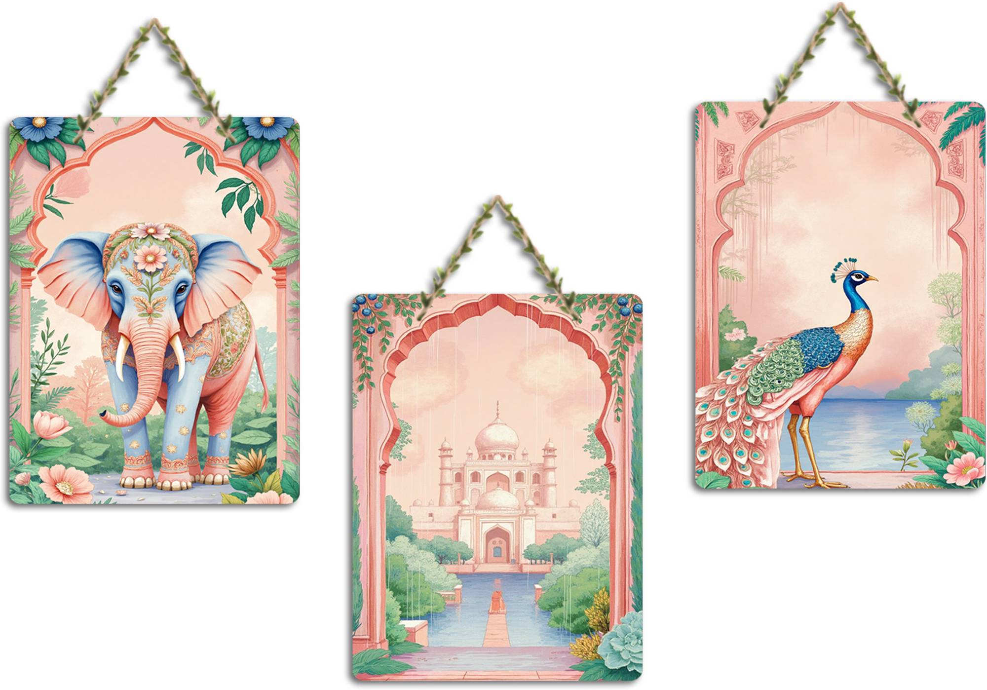 Taj Mahal, Peacock & Elephant Royal Indian Modern Art Wall Hanging