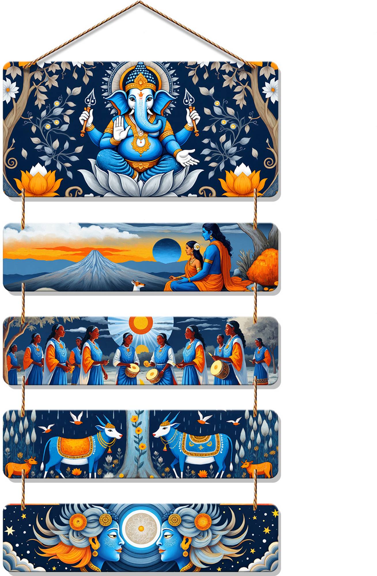 Ganpati, Cows & Devotional Art Wooden Wall Hanging