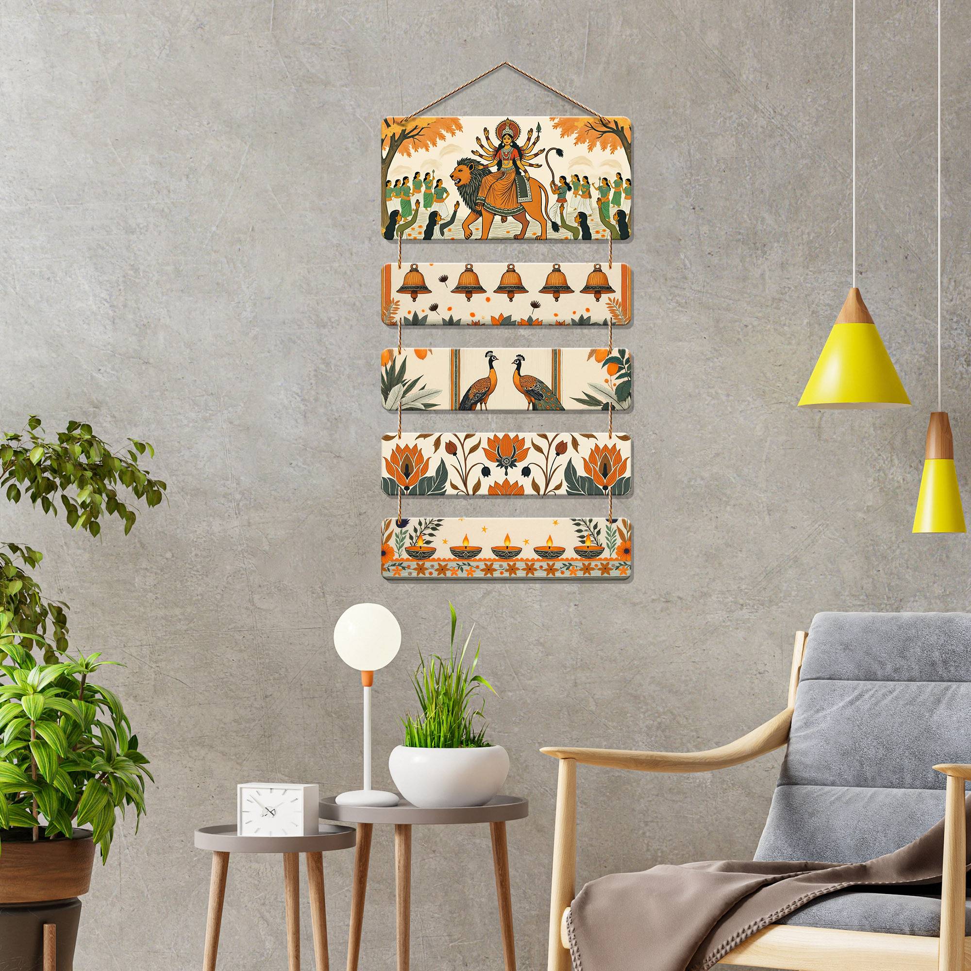 Devi Durga and Peacock Design Wooden Wall Hanging Decoration Items