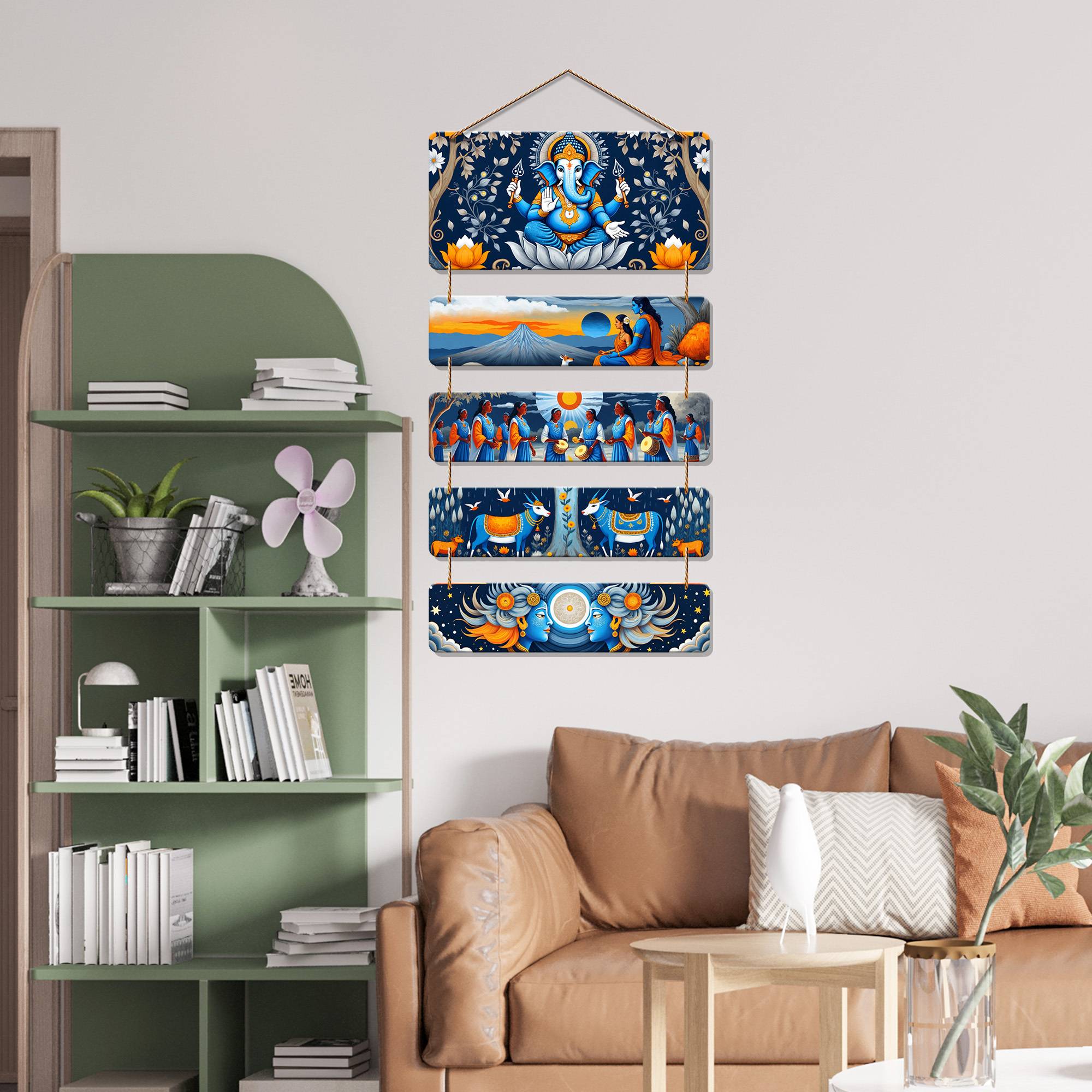 Ganpati, Cows & Devotional Art Wooden Wall Hanging