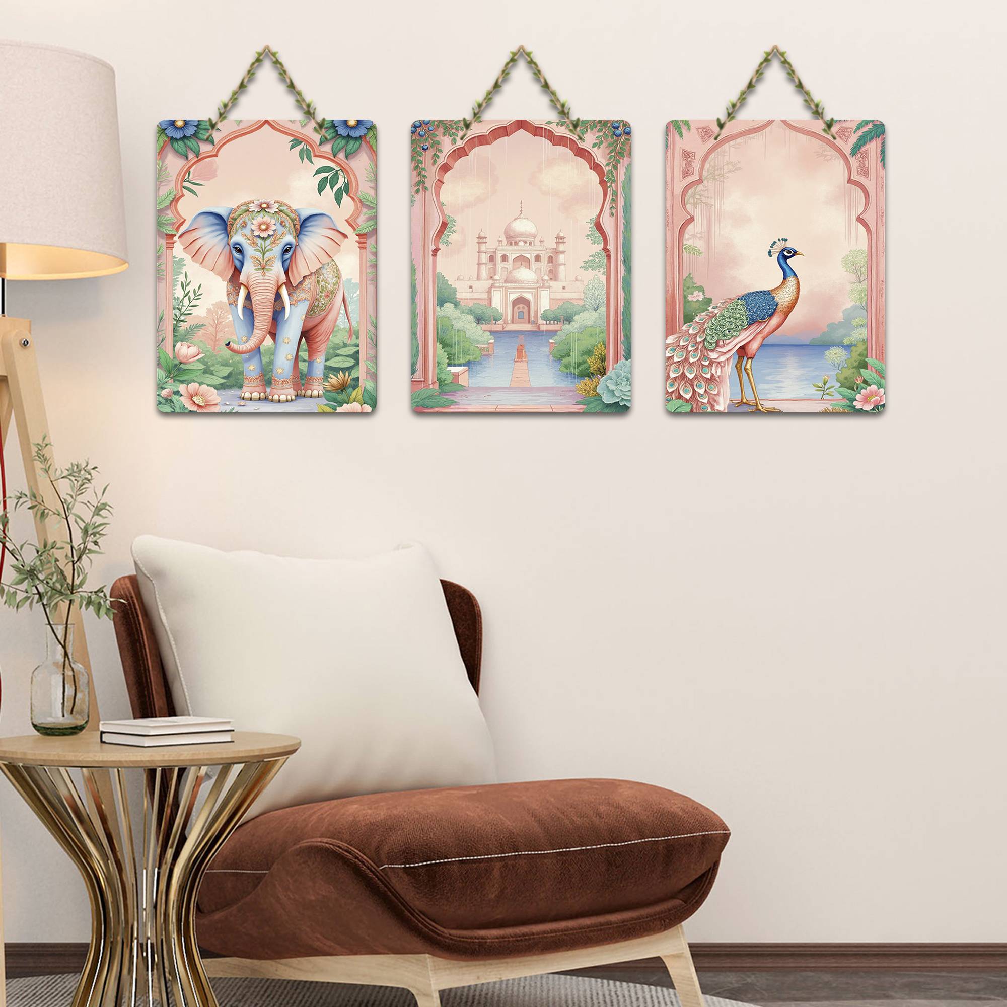 Taj Mahal, Peacock & Elephant Royal Indian Modern Art Wall Hanging