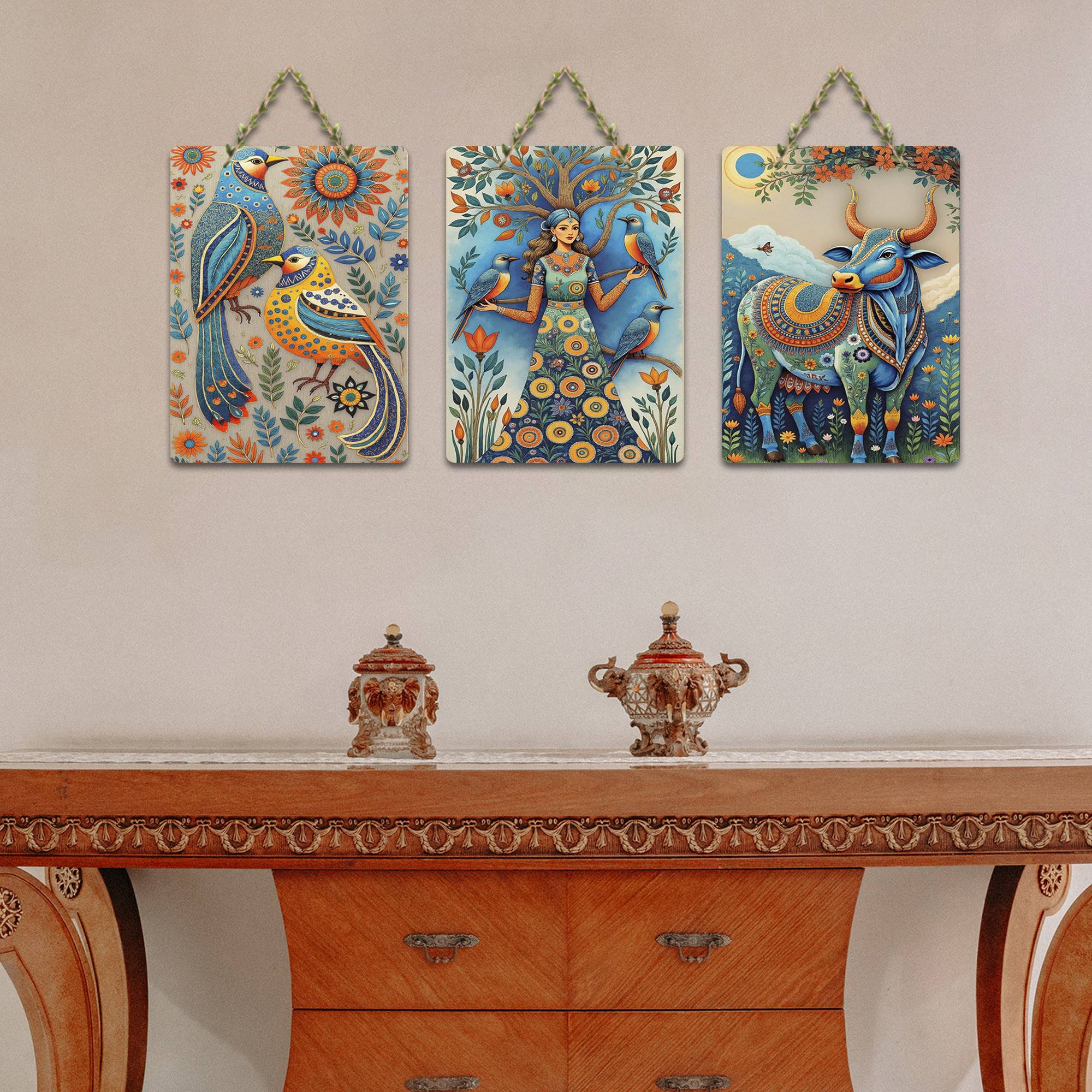 Sacred Nature & Girl With Birds Cow Art Decorative Wall Hanging