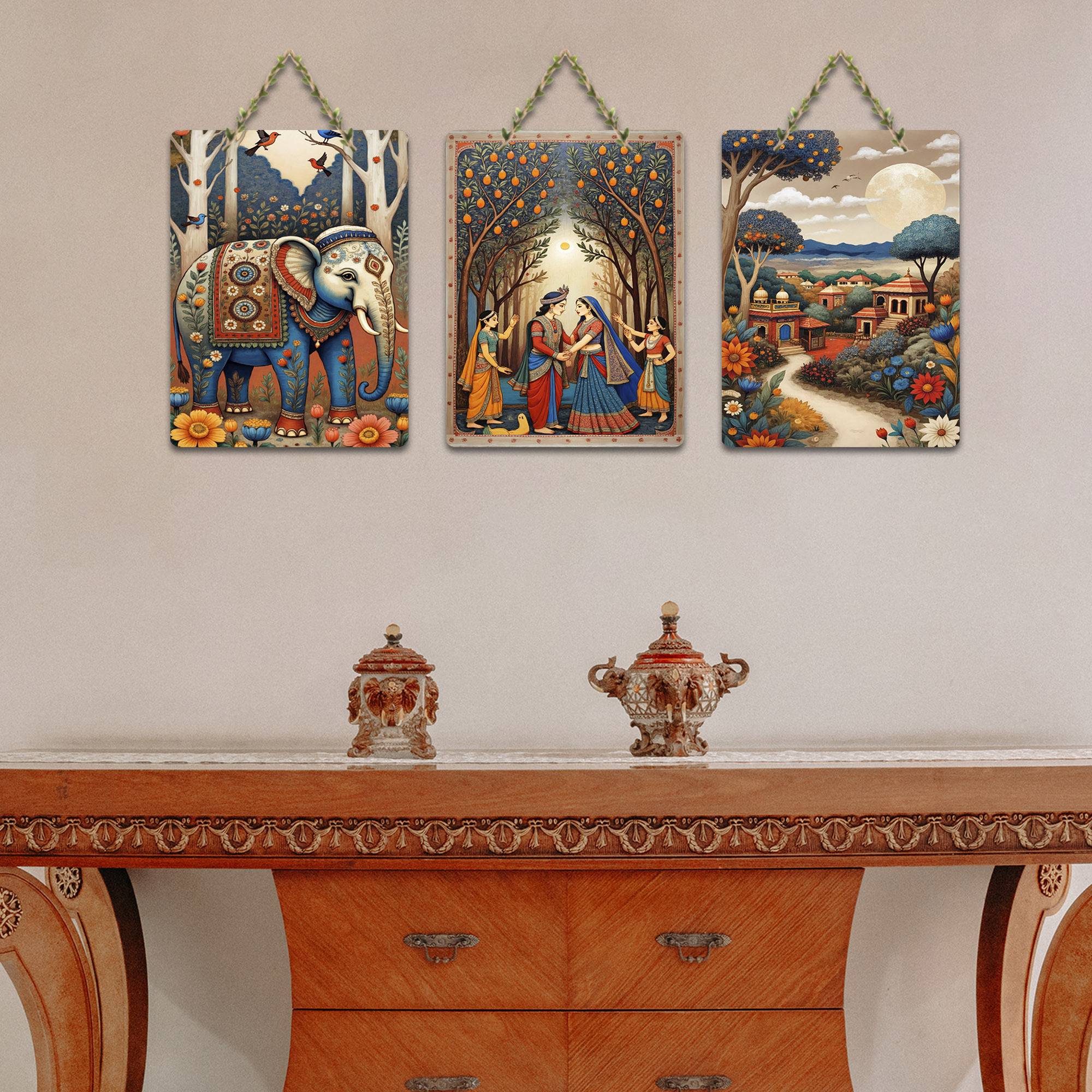 Royal Elephant & Village Life Wooden Wall Hanging For Home