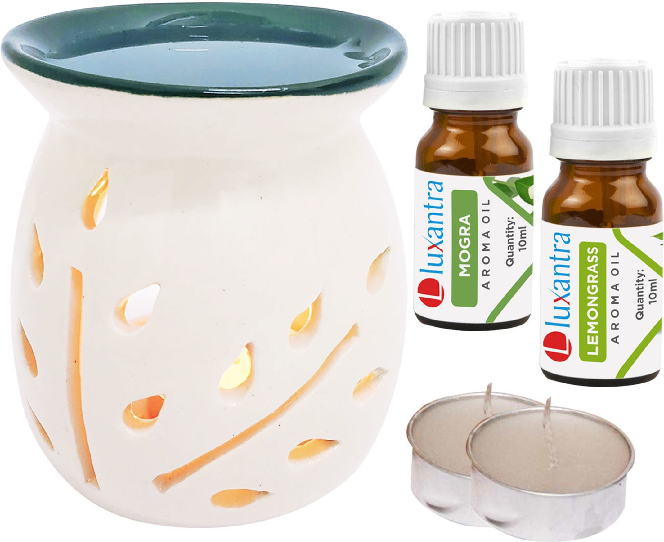 Luxantra Mogra, Lemongrass Aroma Oil with Tlight Ceramic Air Freshener Home Fragrance Aroma Diffuser Set LX-TOPBLACKDIFF-2TL-MOG (5 x 4 ml)