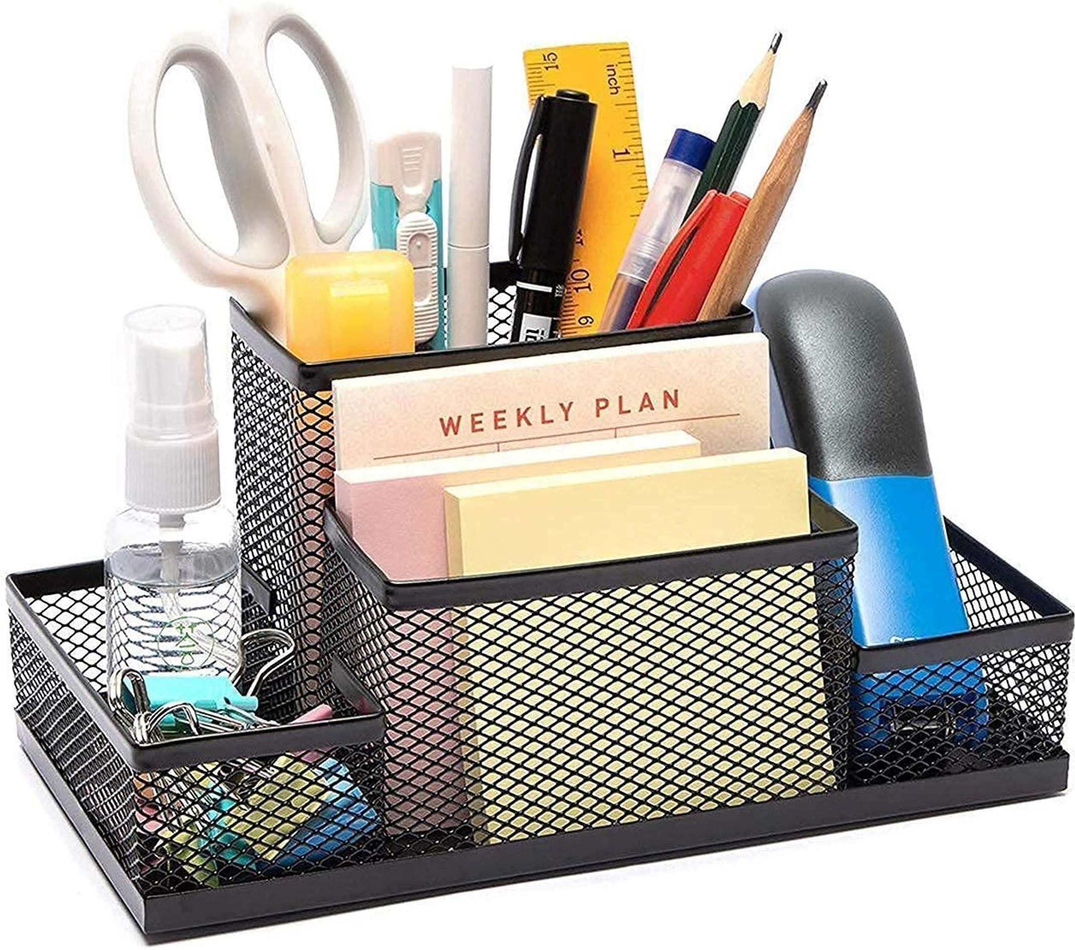 OCHHAV 4 Compartments Metal Pen Stand & Pencil Holder Stand For Office Table Accessories & Study Desk Items (Black)