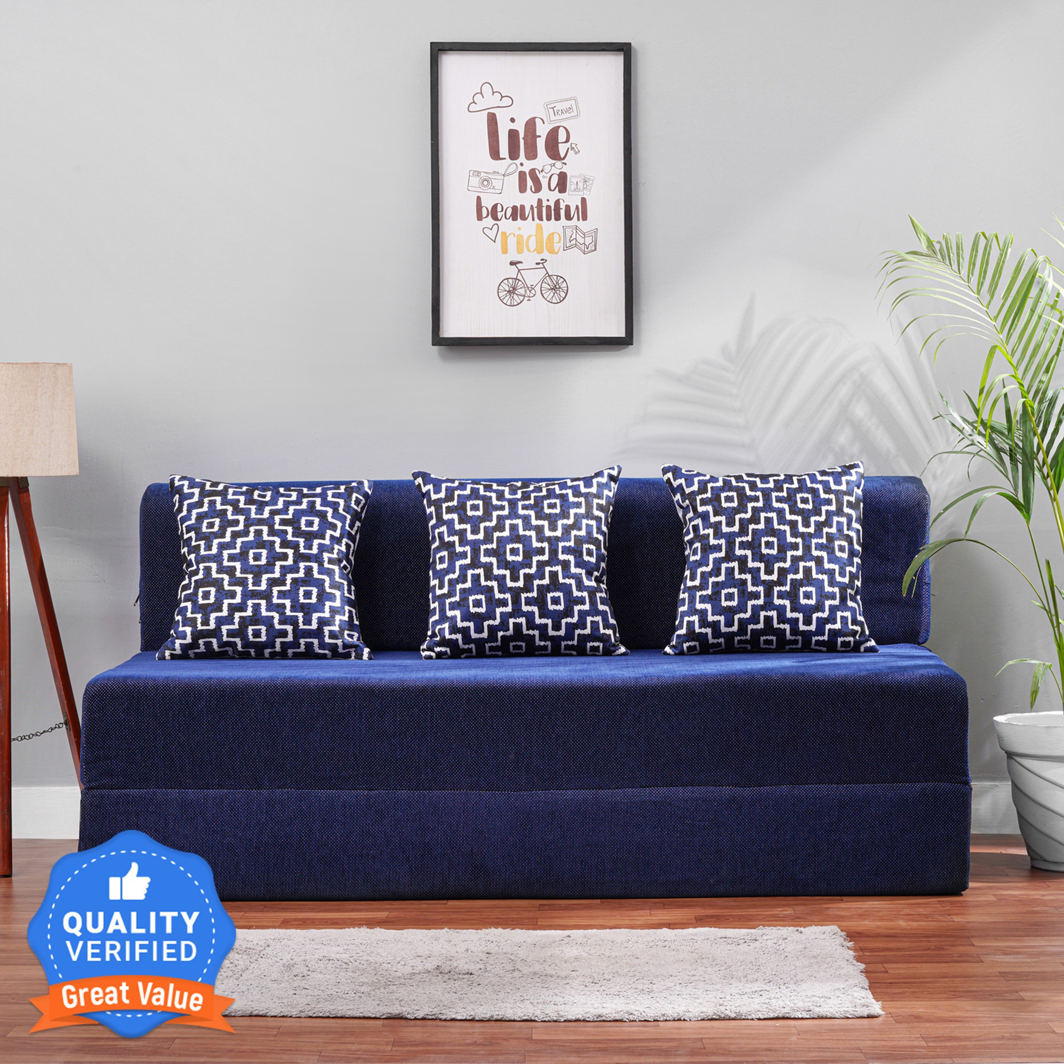 Solis Primus-comfort for all for 3 Person- Chenille Fabric Washable Cover with 3 Cushion (MULTI SQR)- Blue 3 Seater Double Foam Fold Out Sofa Cum Bed (Finish Color - Dot Blue Delivery Condition - Pre-assembled)