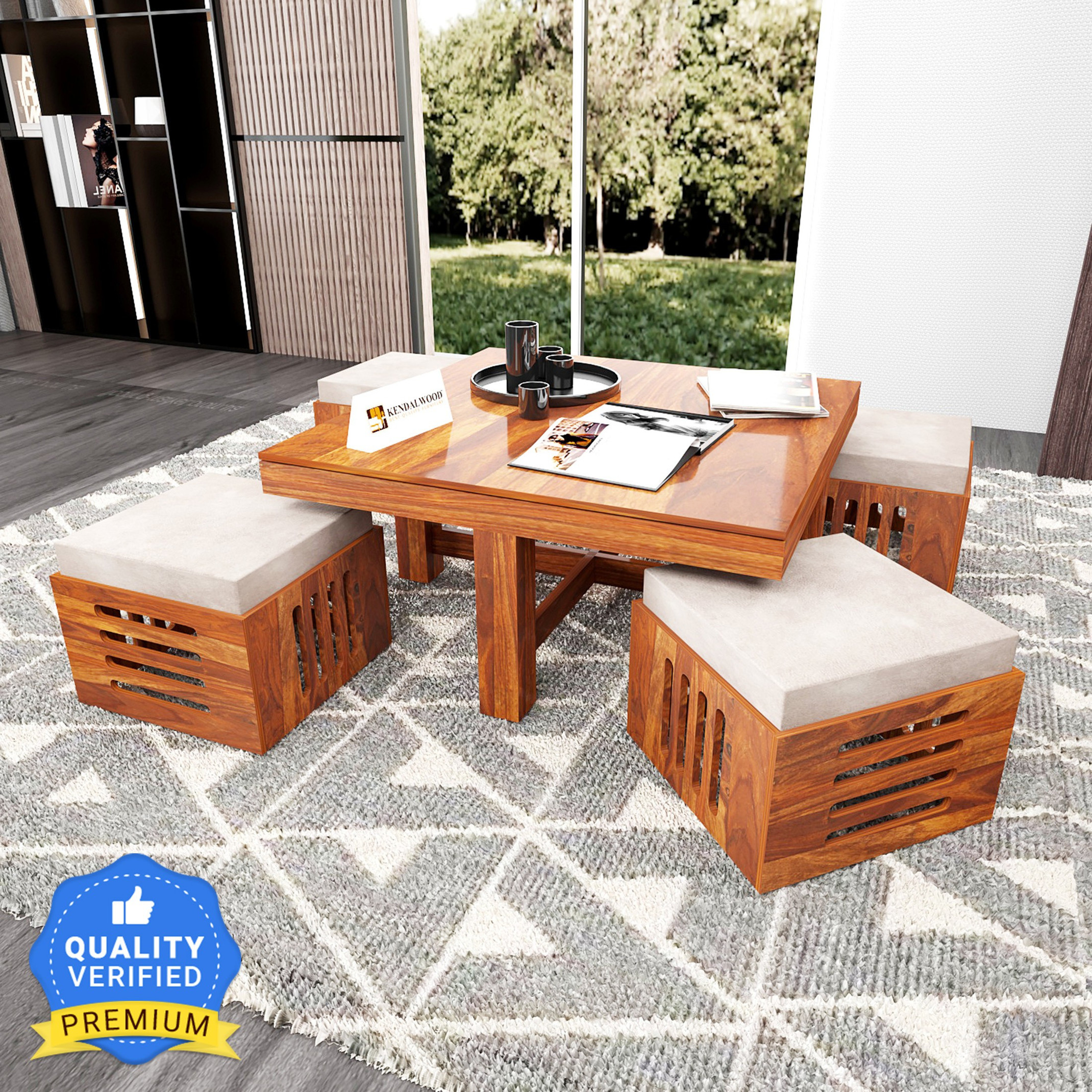 Kendalwood Furniture Premium Quality 4 Stool Coffee Table Center Table for living room Furniture Solid Wood Coffee Table (Finish Color - Honey Finish With Cream Cushion, Pre-assembled)