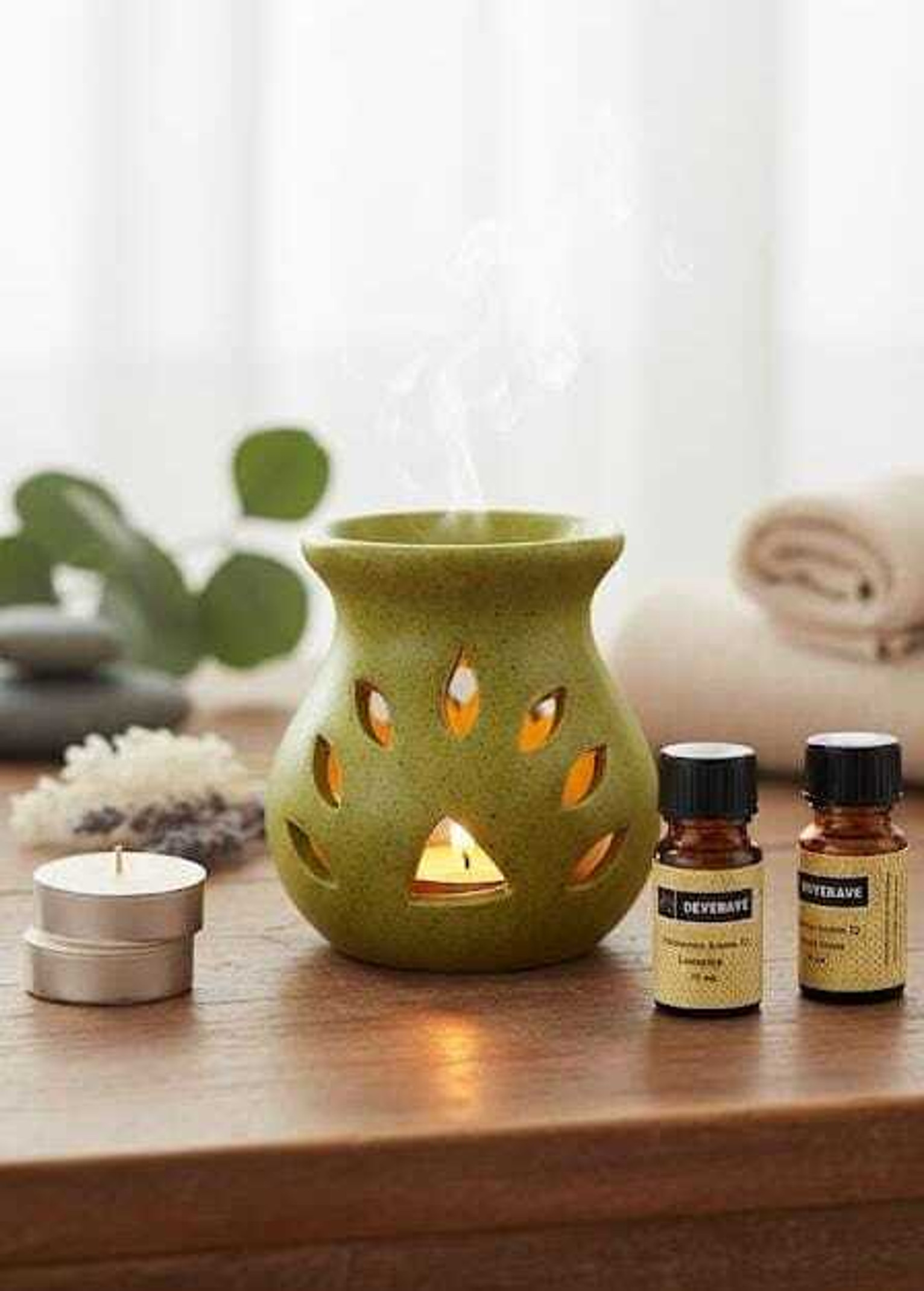 DEVERAUX LEMON GRASS, LAVENDER Aroma Oil, Diffuser, Diffuser Set, Refill TEA LIGHT BROWN DIFFUSER SET WITH TEA LIGHT CANDLE AND TWO BOTTLE FRAGRANCE OIL (5 x 4 ml)