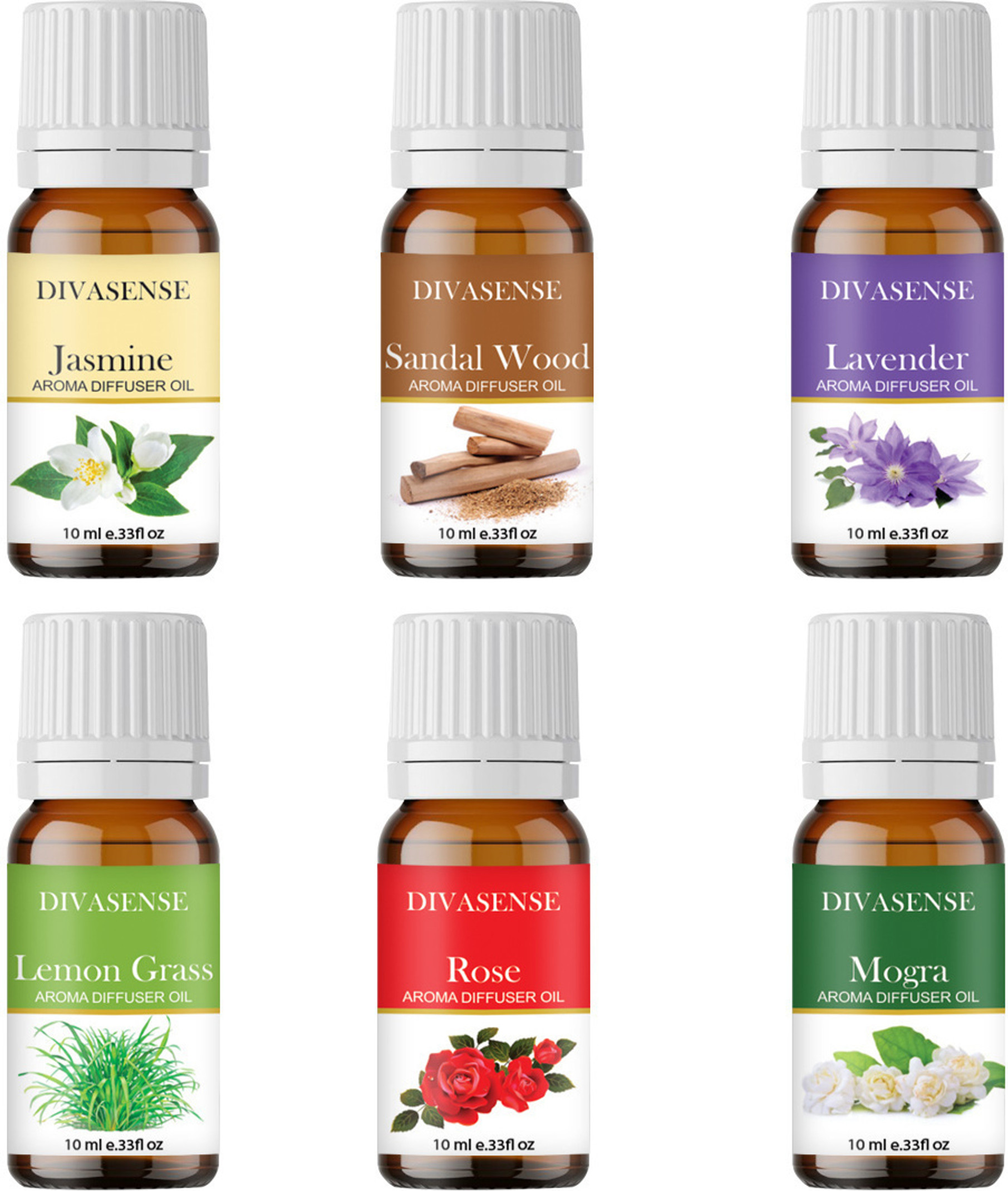 Divasense Scented Diffuser Air Fresheners Jasmine, Lemongrass Sandal Lavender Mogra Aroma Oil, Diffuser, Diffuser Set, Potpourri, Refill High Scented Aroma Oils Fragrance Set Of 6 For Diffuser, Air Freshners Aroma Oil Jasmine,Lemon Grass, Sandalwood, Lavender, Mogra (6 x 10 ml)