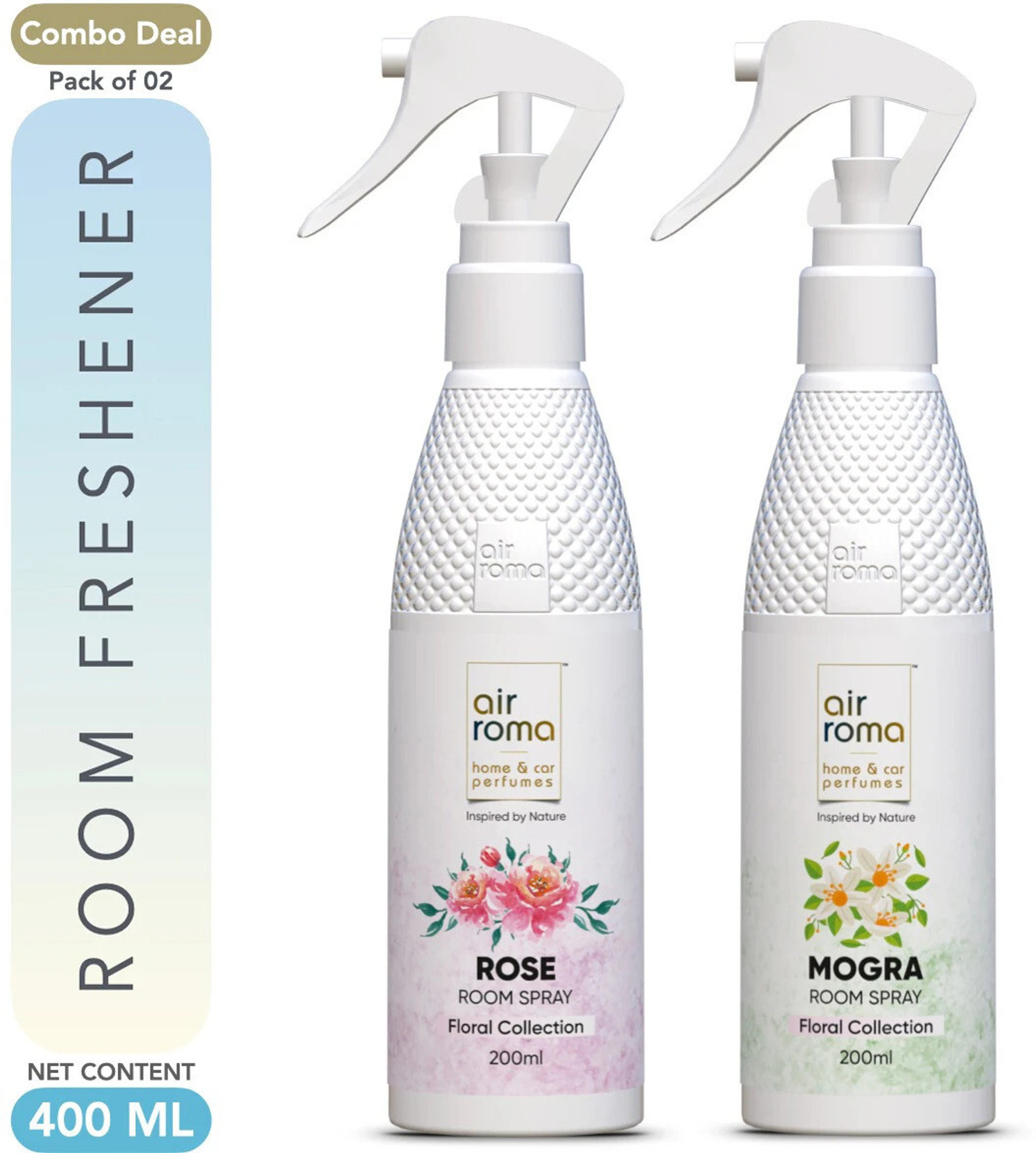 Airroma Rose, Mogra Spray Long-lasting Odour Eliminator for Home, Hotel Rooms, Toilet & Office Use (2 x 200 ml)