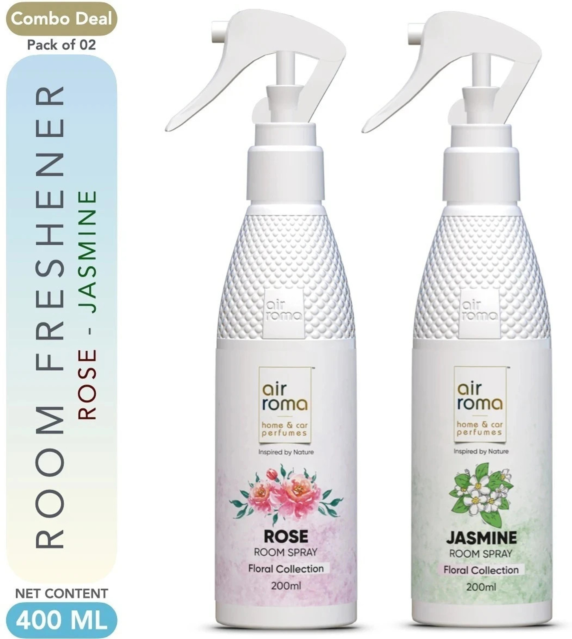 Airroma Rose, Jasmine Spray Long-lasting Odour Eliminator for Home, Hotel Rooms, Toilet & Office Use (2 x 200 ml)