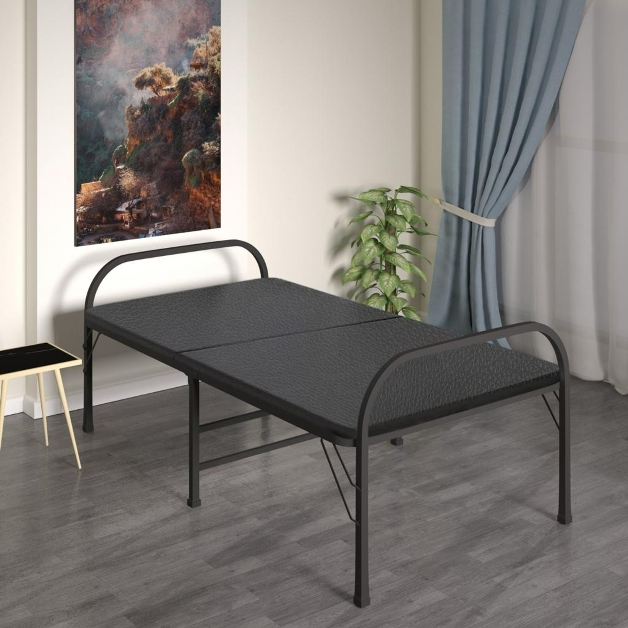 FURNIMAX Folding Bed with Firm Top Metal Single Bed Metal Single Bed, 177.8 cm x 88.95 cm (5.83 ft x 2.92 ft) (Finish Color - Black, (Mattress Included), Delivery Condition - Pre-assembled)