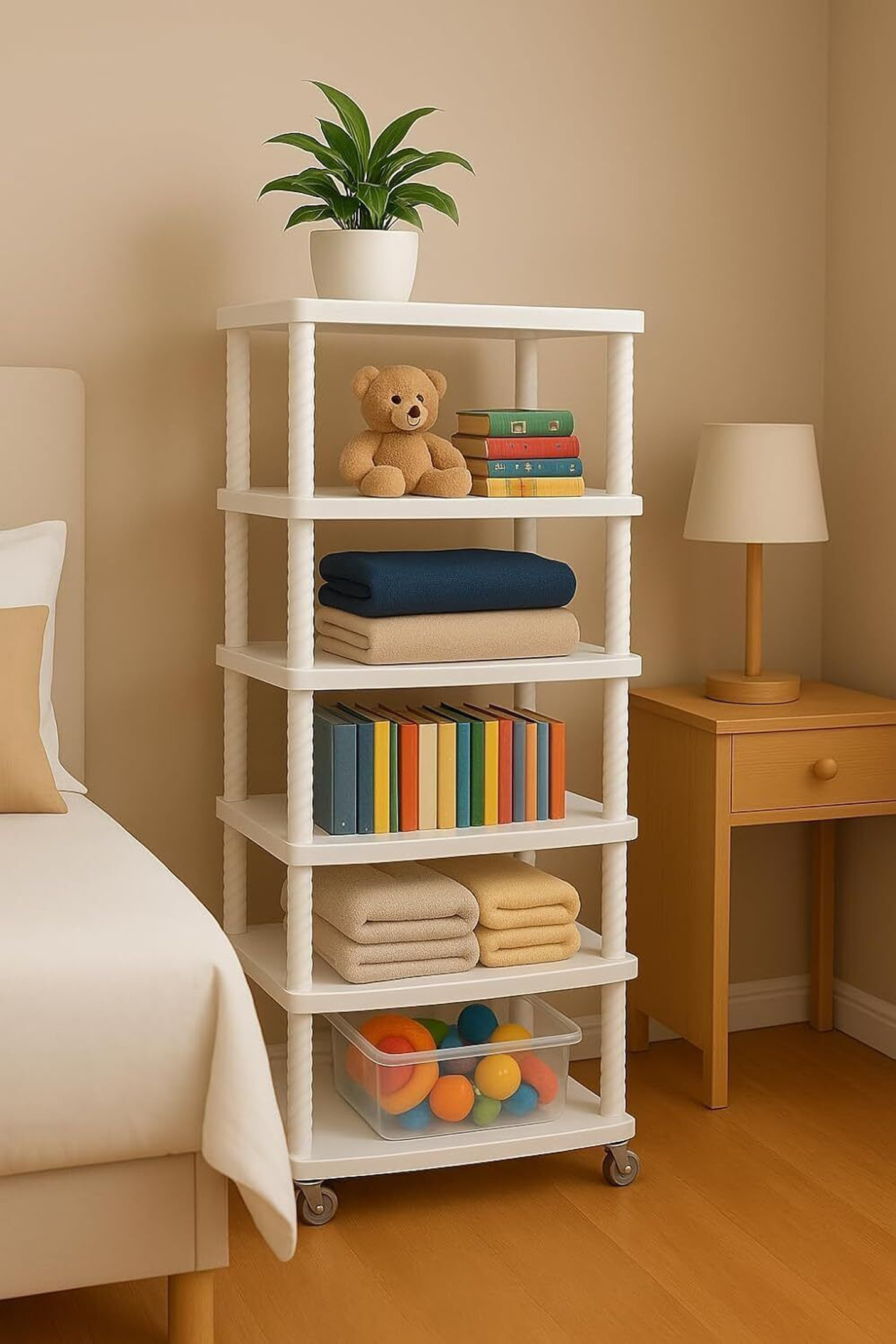 HEGZI Multipurpose Rack with Wheels, Storage Organizer for Books, Clothes, Toys, Plastic Open Book Shelf (Finish Color - White, DIY(Do-It-Yourself))