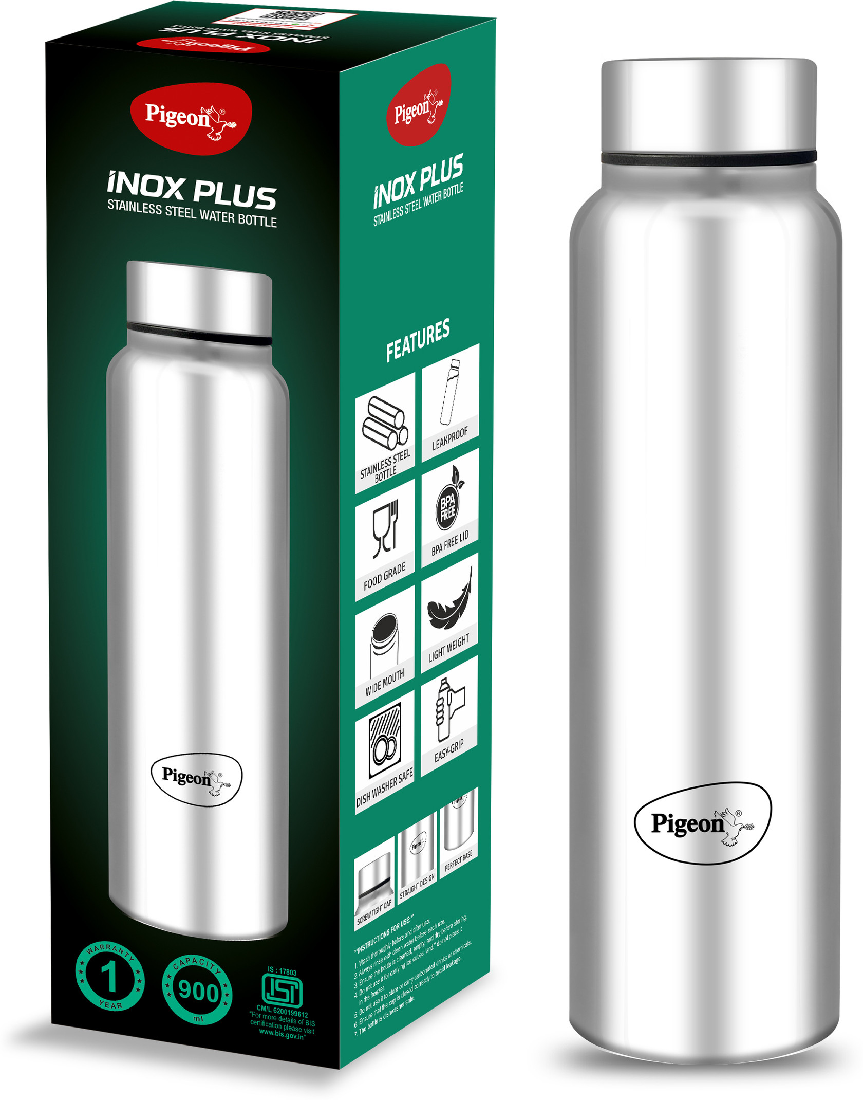 Pigeon Inox Plus 900 ml Steel Bottle (Pack of 1, Silver)