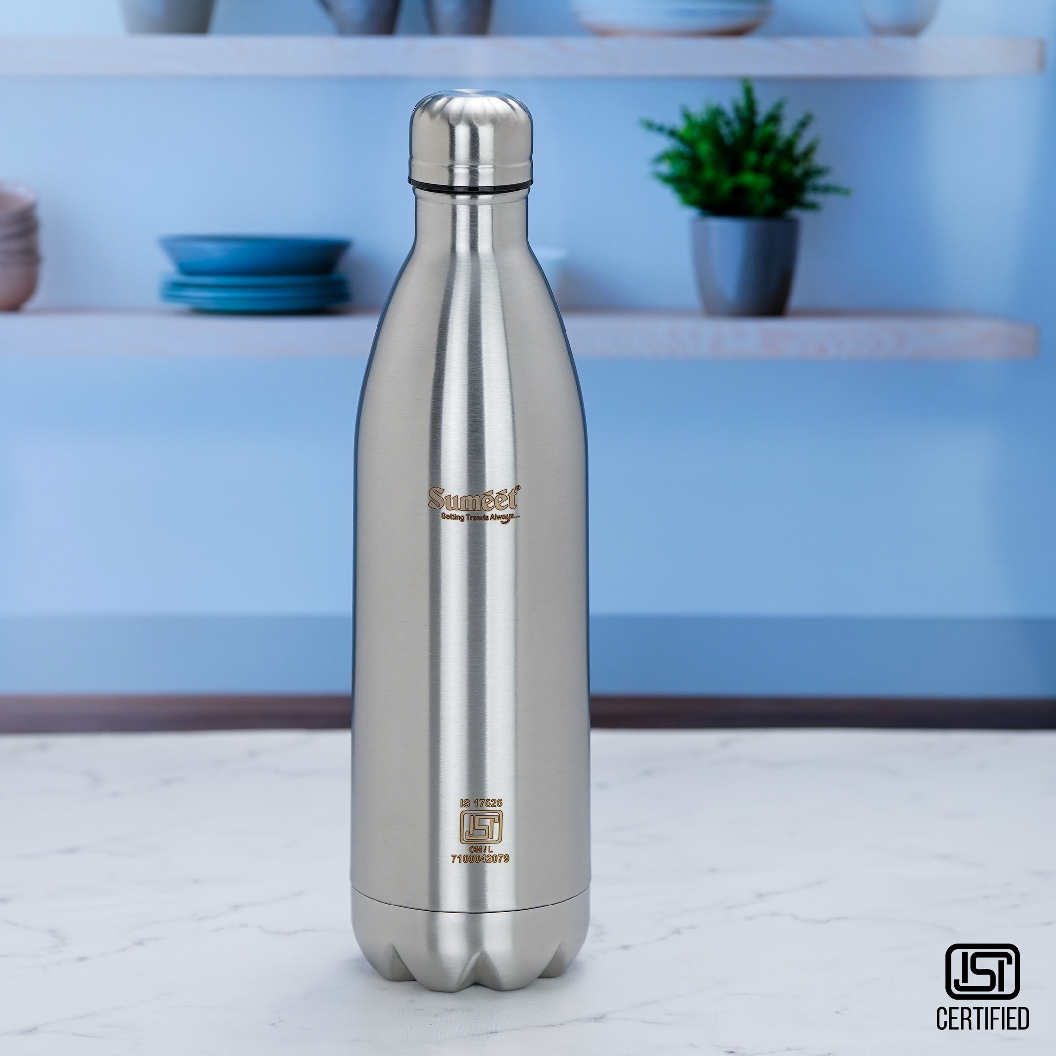 Sumeet ISI Certified Double Wall Water Bottle,24 Hours Hot & Cold 1000 ml Steel Flask (Pack of 1, Silver)