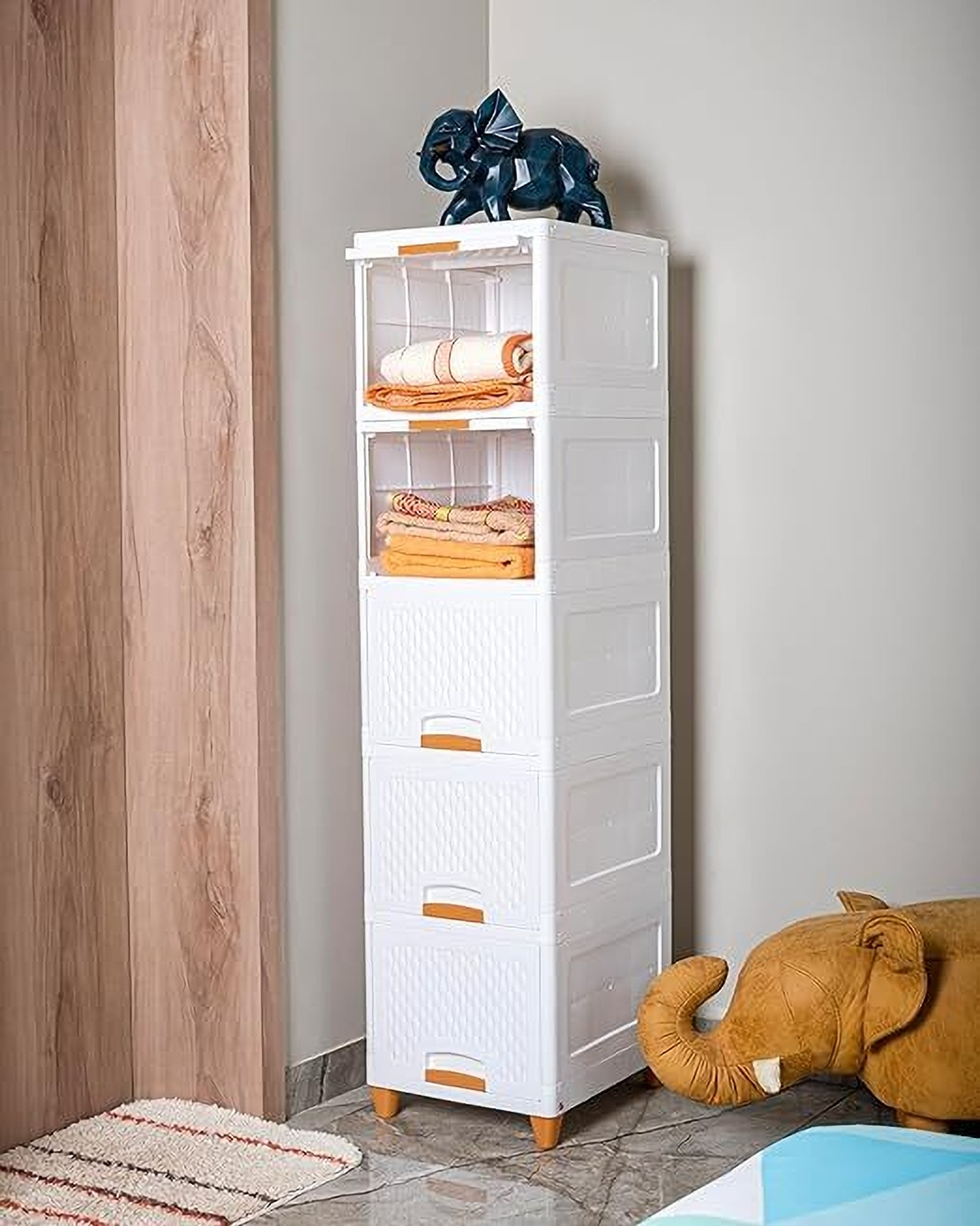 Shiswa Foldable 5-Tier Clothes Storage Rack & Organizer for Wardrobe & Drawers Plastic Free Standing Cabinet (Finish Color - White, DIY(Do-It-Yourself))