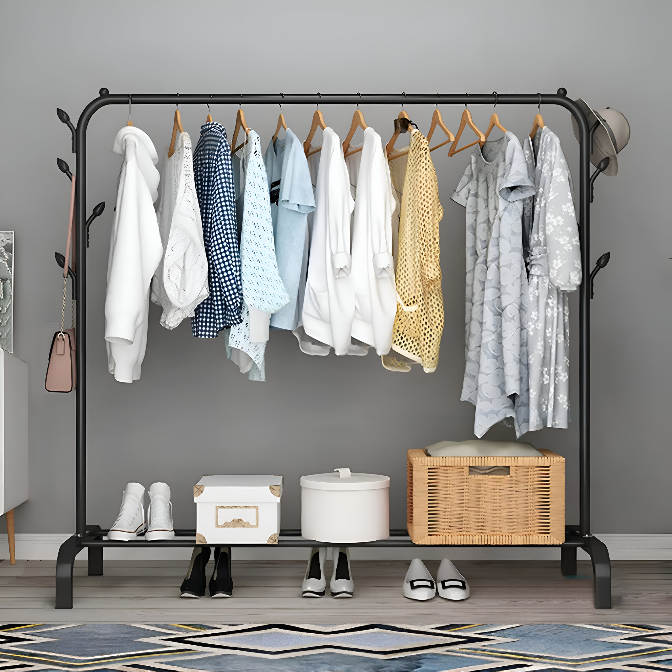 AD-RML Metal Multi functional Heavy-Duty Garment Stand Cloth Rack Freestanding Storage Carbon Steel Collapsible Wardrobe (Finish Color - Black, DIY(Do-It-Yourself))