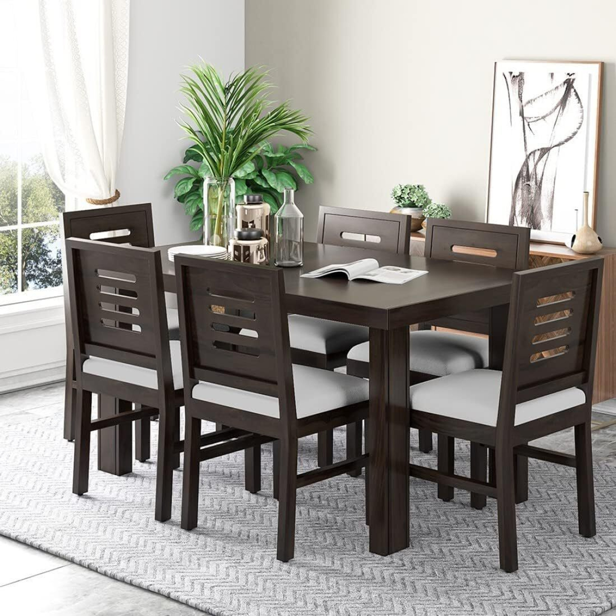 Worldwood Solid Sheesham Wood Six Seater Dining Set For Dining Room, Restaurant, Café. Solid Wood 6 Seater Dining Set (Finish Color -Walnut Finish, DIY(Do-It-Yourself))