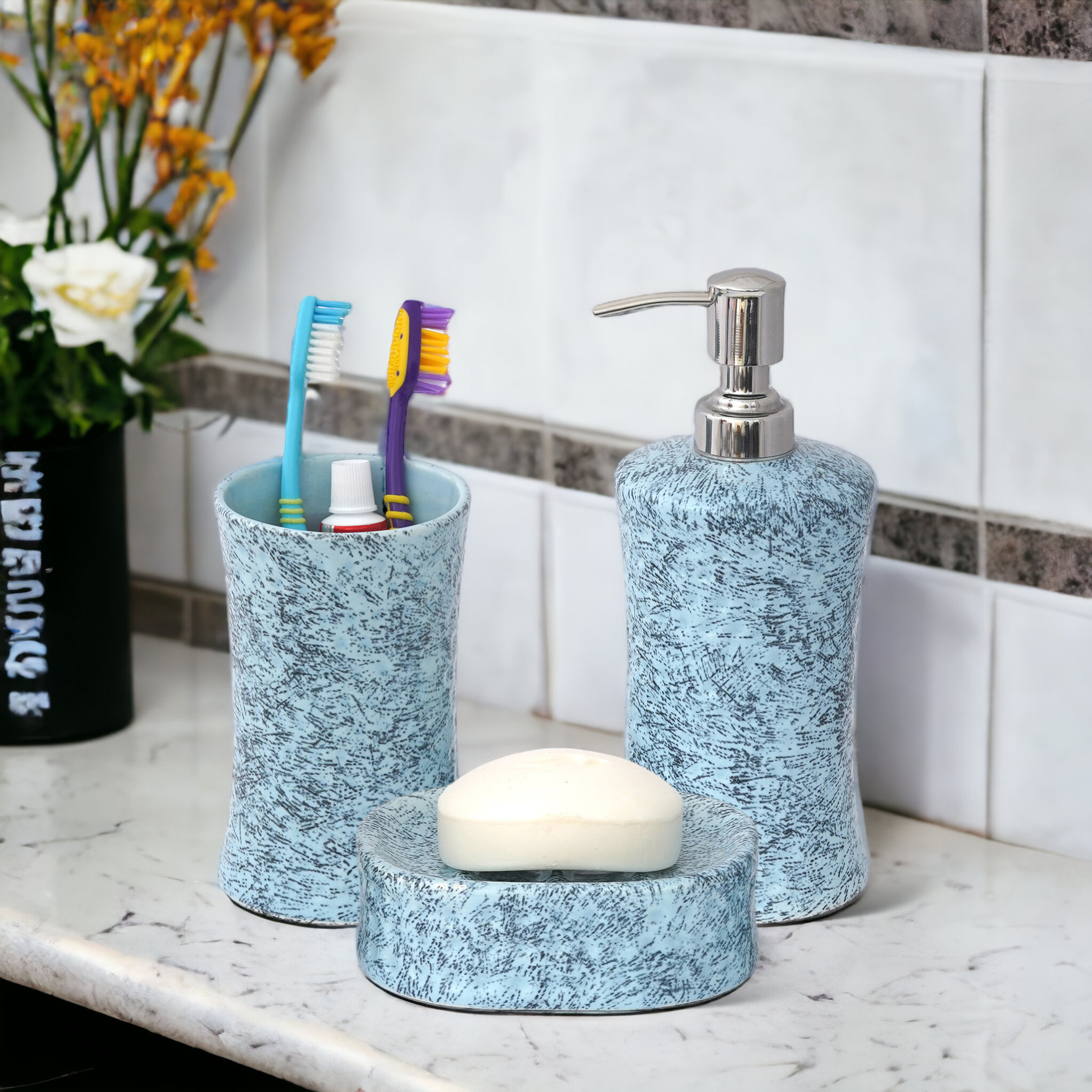 The Transit Story Hand-Painted Liquid Soap Dispenser, Soap Case & Toothbrush Holder Rust-Proof Ceramic Bathroom Set (Pack of 3)