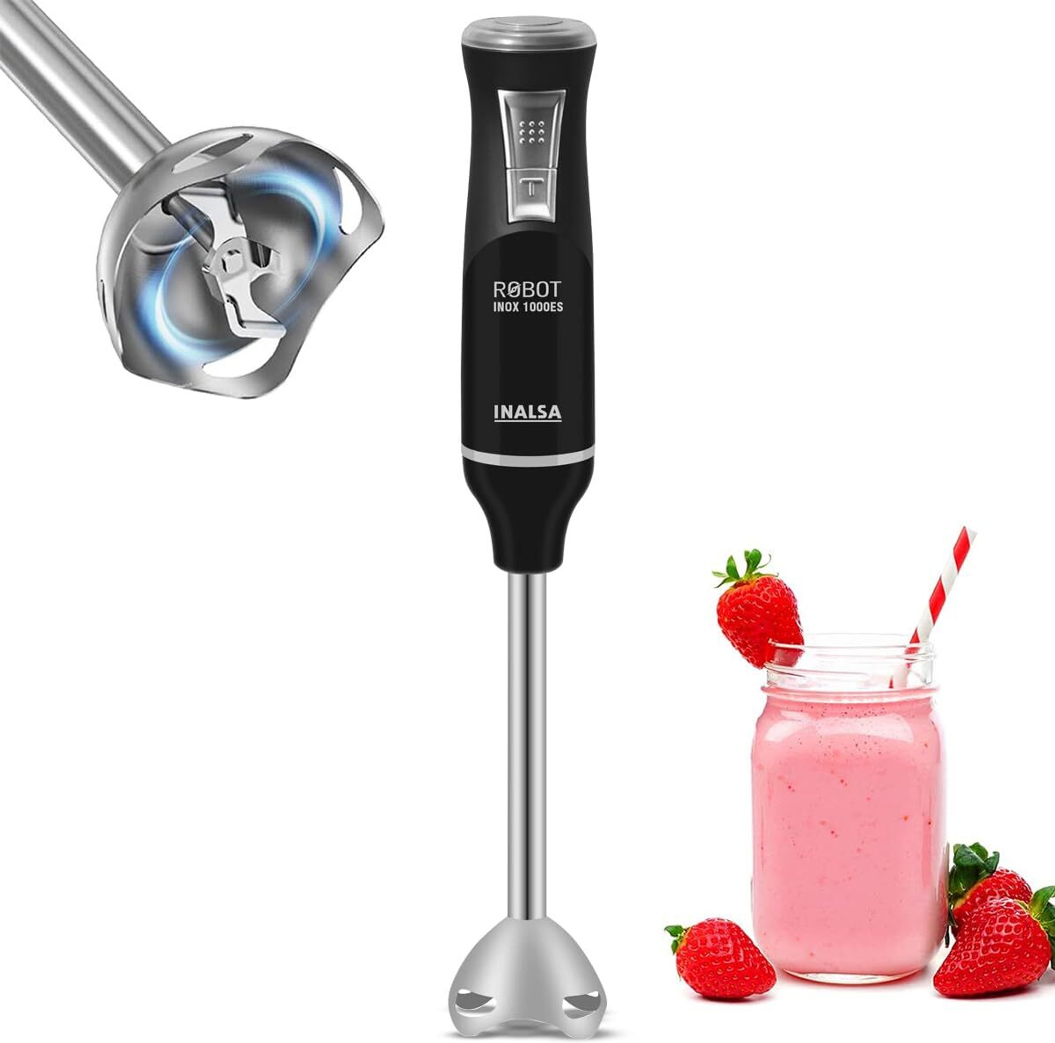 Inalsa 1000 W Black/Silver Hand Blender (Robot Inox 1000 ES | 1000W |Super Silent DC Motor|Variable Speed|Detachable Stem)