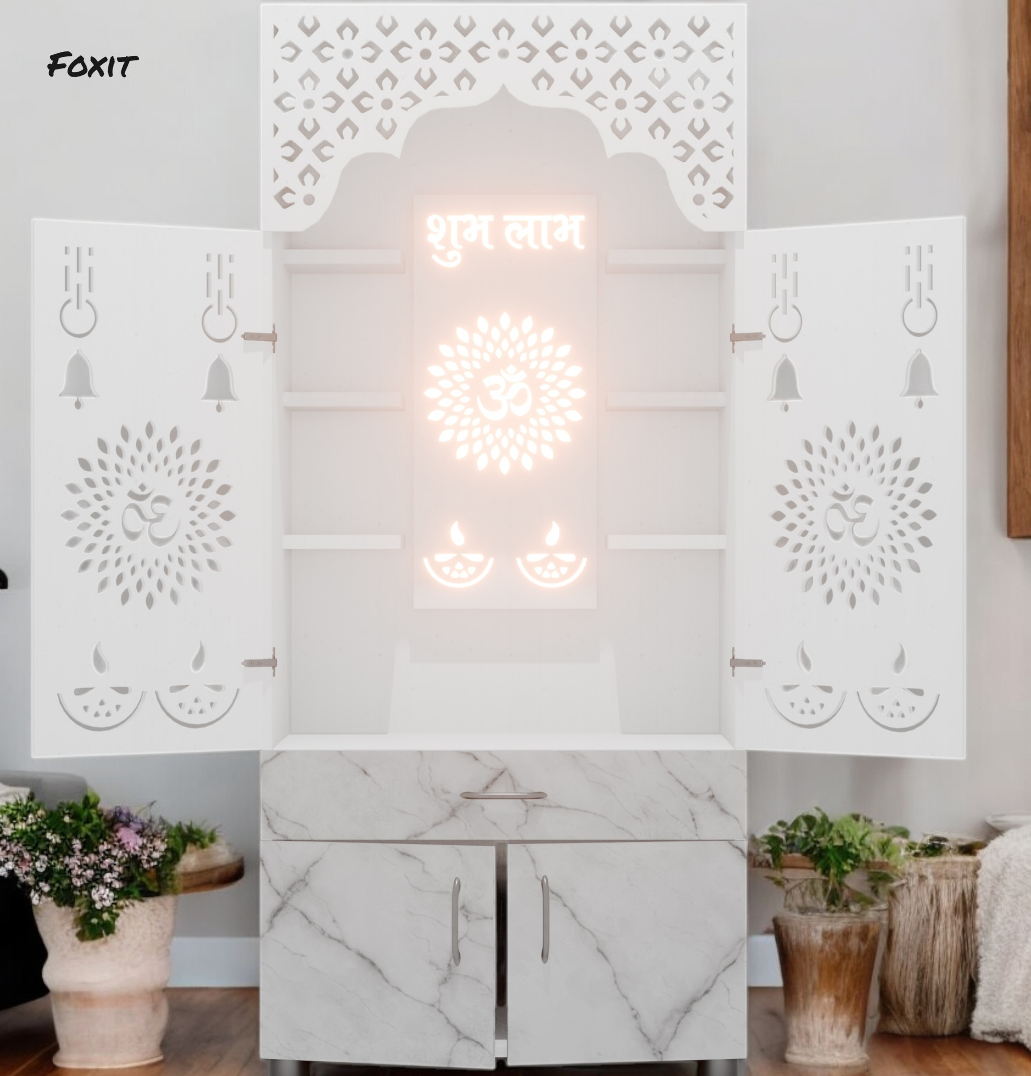 Foxit Modern Temple With Decorative LED Light Engineered Wood Home Temple Engineered Wood Home Temple (Height: 130, Pre-assembled)