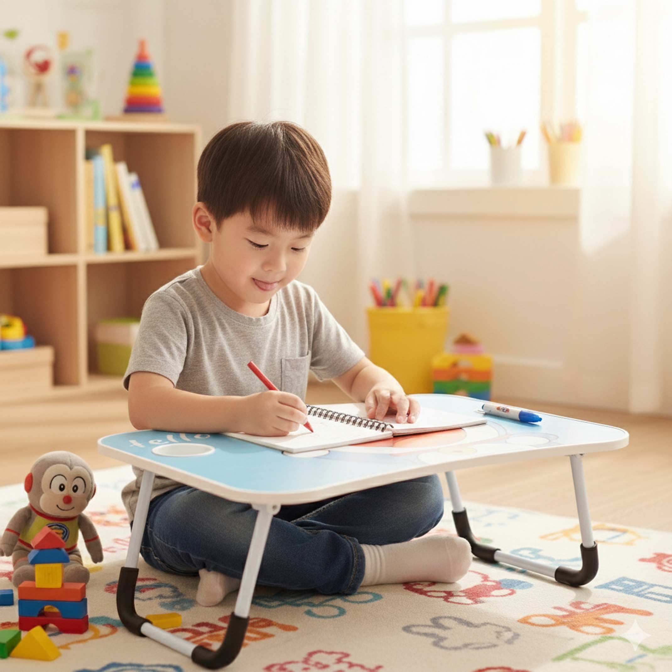 Kiara Quality First Ludo Prints Protable Foldable Table for Study & Work, Best for Work Home Solid Wood Study Table (Finish Color - Sky Blue, Pre-assembled)