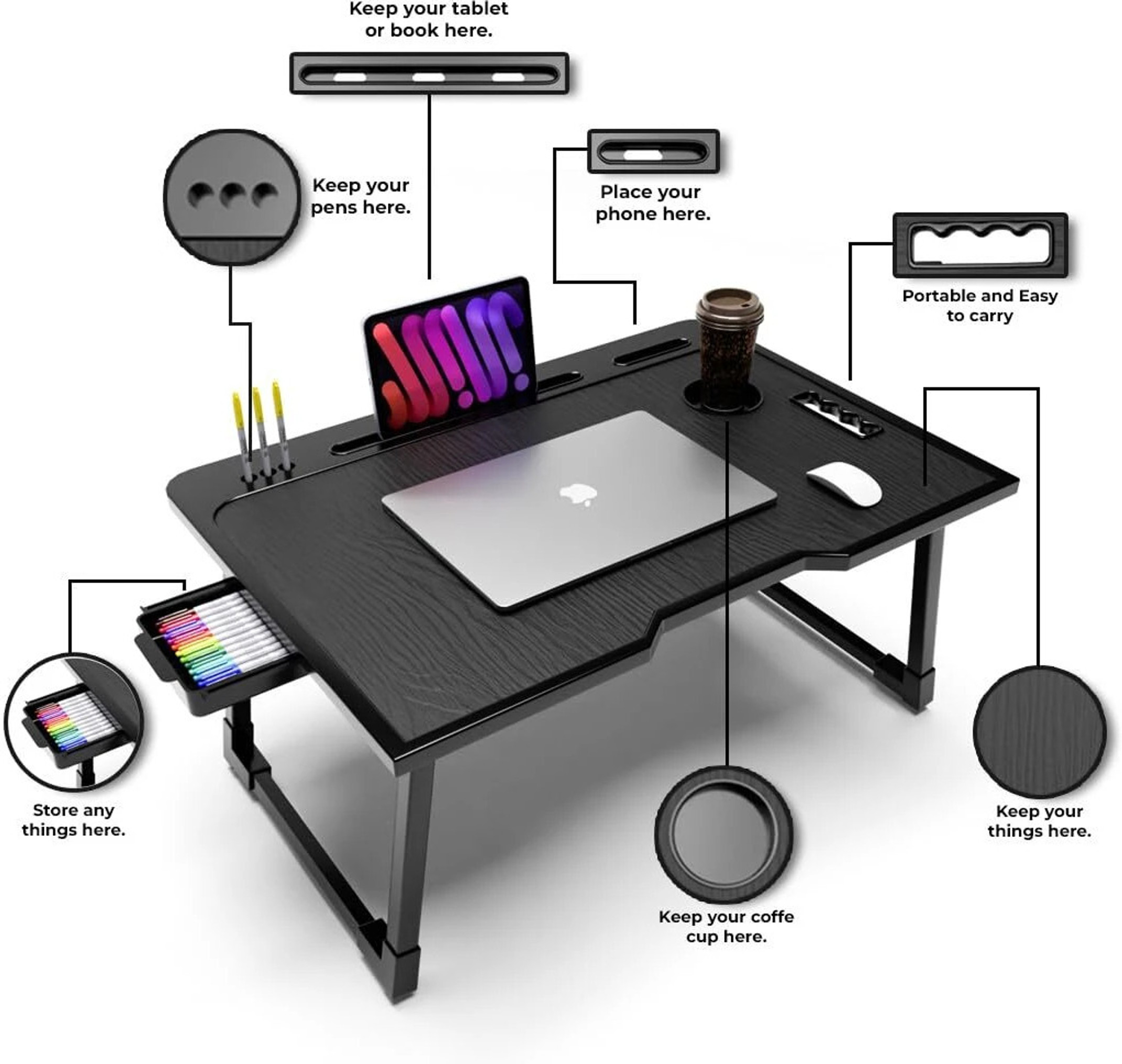 HF HARSH FASHION BLACK US BIDING Wood Portable Laptop Table (Finish Color - BLACK, Pre Assembled)