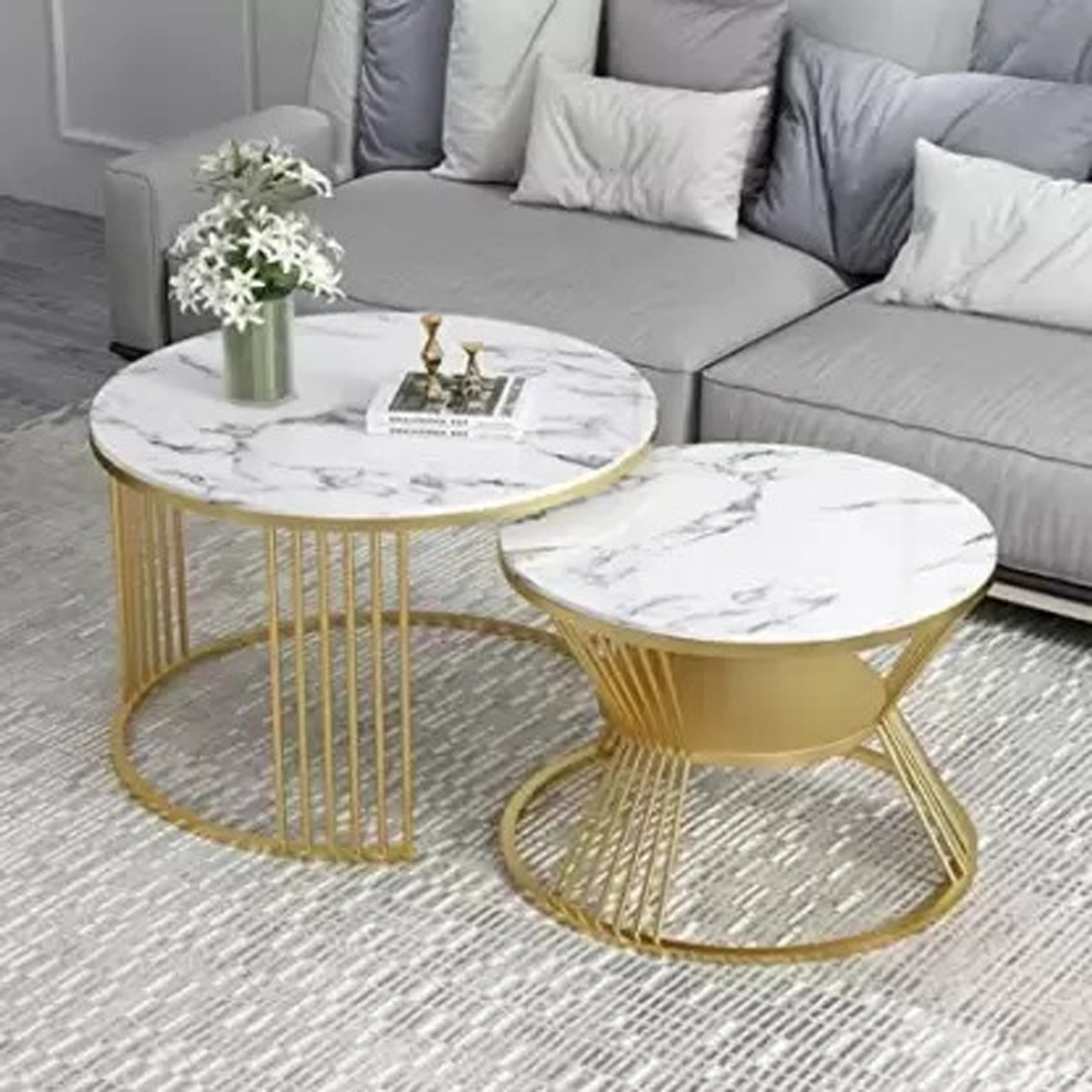bloo mart Present Modern Two nesting side tables and end table for the living room madeof Metal Nesting Table (Finish Color - White & Golden, Set of - 2, Pre-assembled)