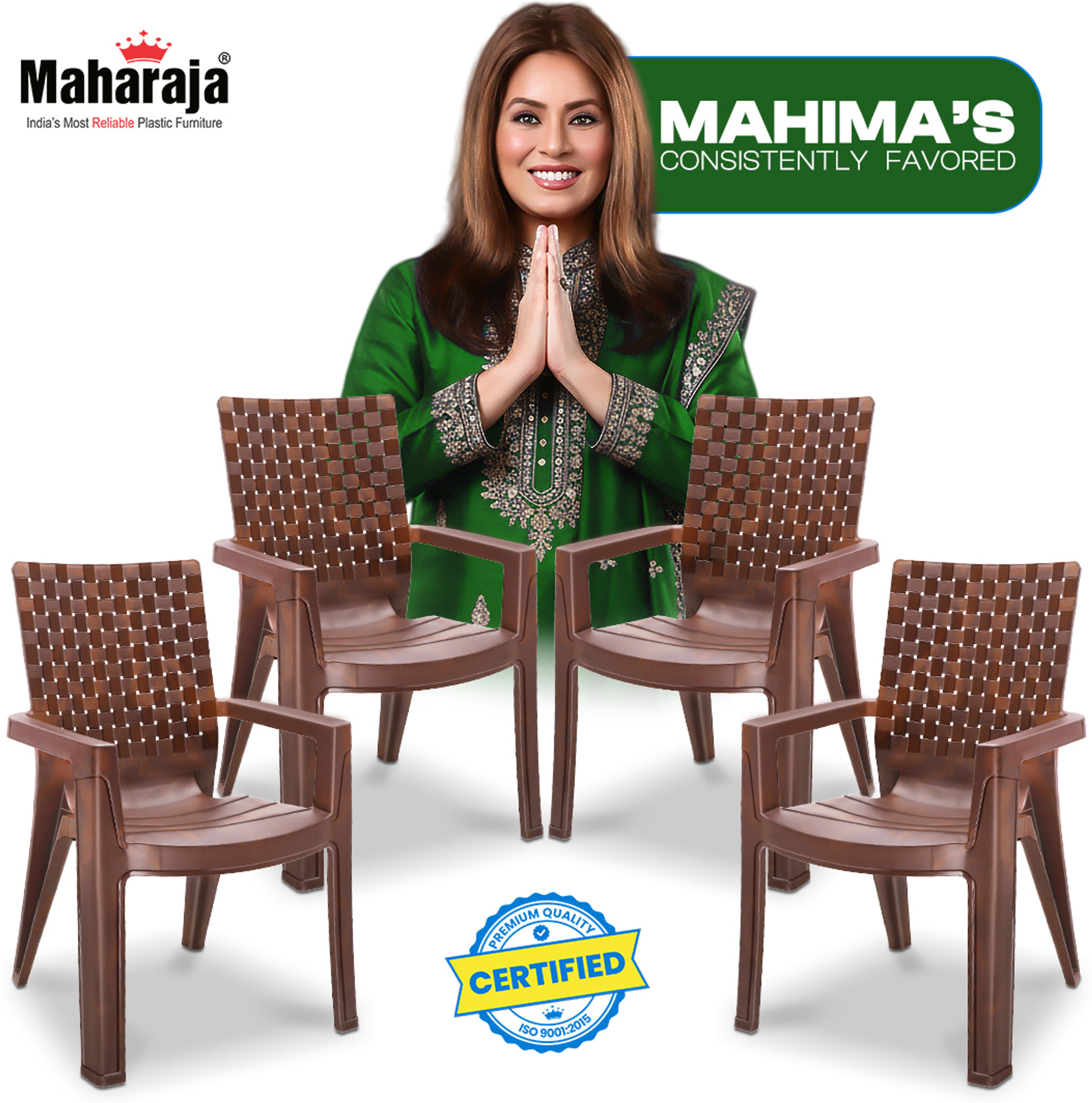 MAHARAJA Plastic chair for Home, Living Room | Arm Rest | Bearing Capacity up to 200Kg Plastic Outdoor Chair (Teak Wood, Set of 4, Pre-assembled)