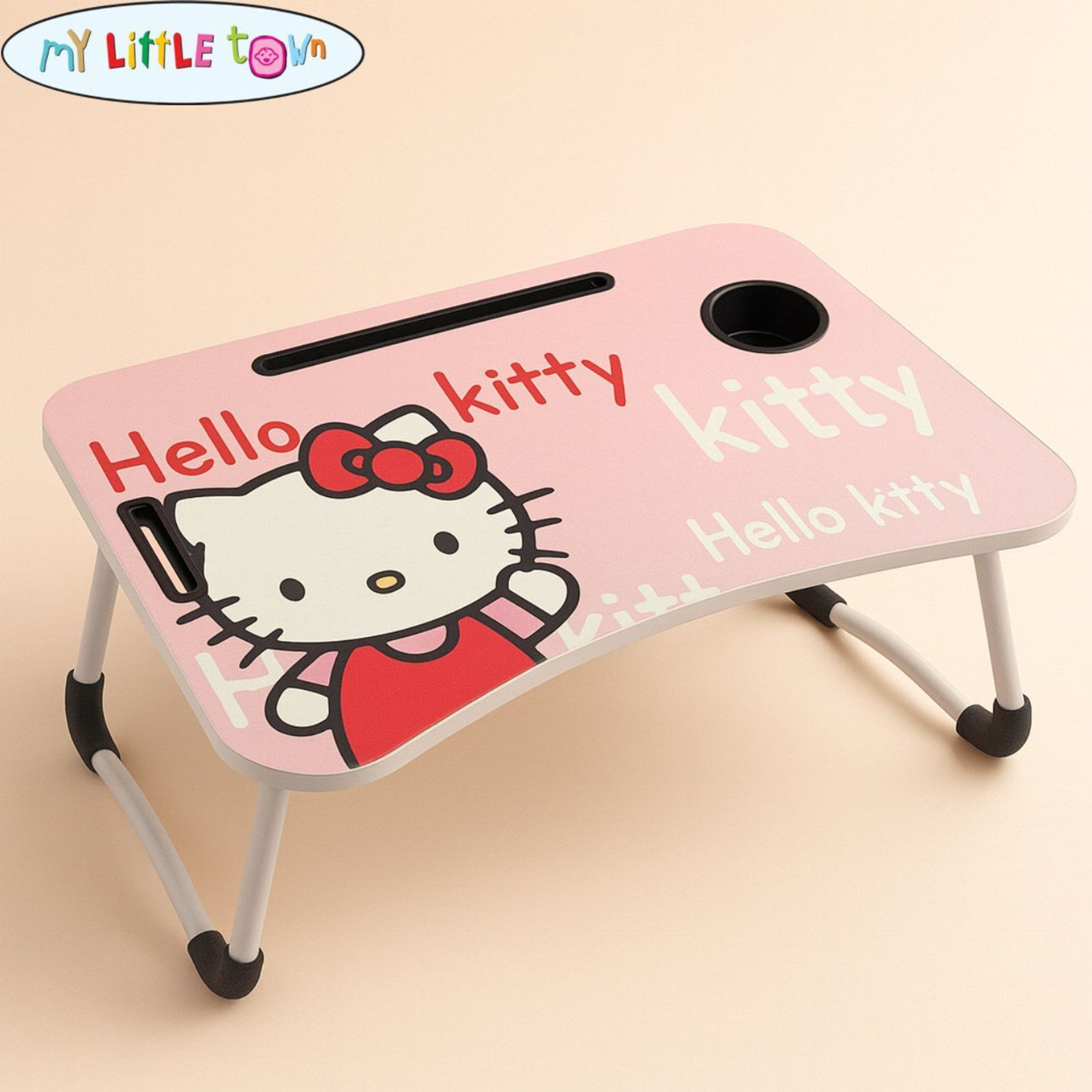 MY LITTLE TOWN White Kitty Kids Study Table |Portable Laptop Table Foldable | Lapdesk Kitty Wood Portable Laptop Table (Finish Color - LIGHT PINK, Pre Assembled)