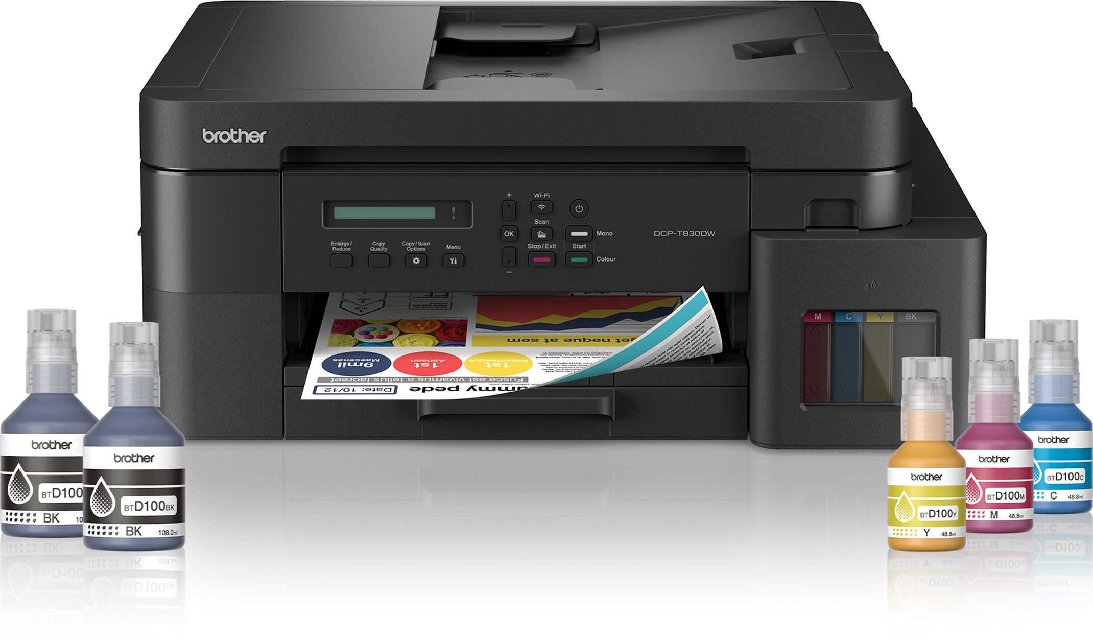 brother DCP-T830DW Multi-function WiFi Color Ink Tank Printer (Borderless Printing) for Print/Copy/Scan with ADF Printer,LAN, PrintUpto 15K Pages Black & 5K Color Each for(CMY), 80 Sheet MP Tray, Auto Duplex 2-Sided Printer (5 Ink Bottles Included)