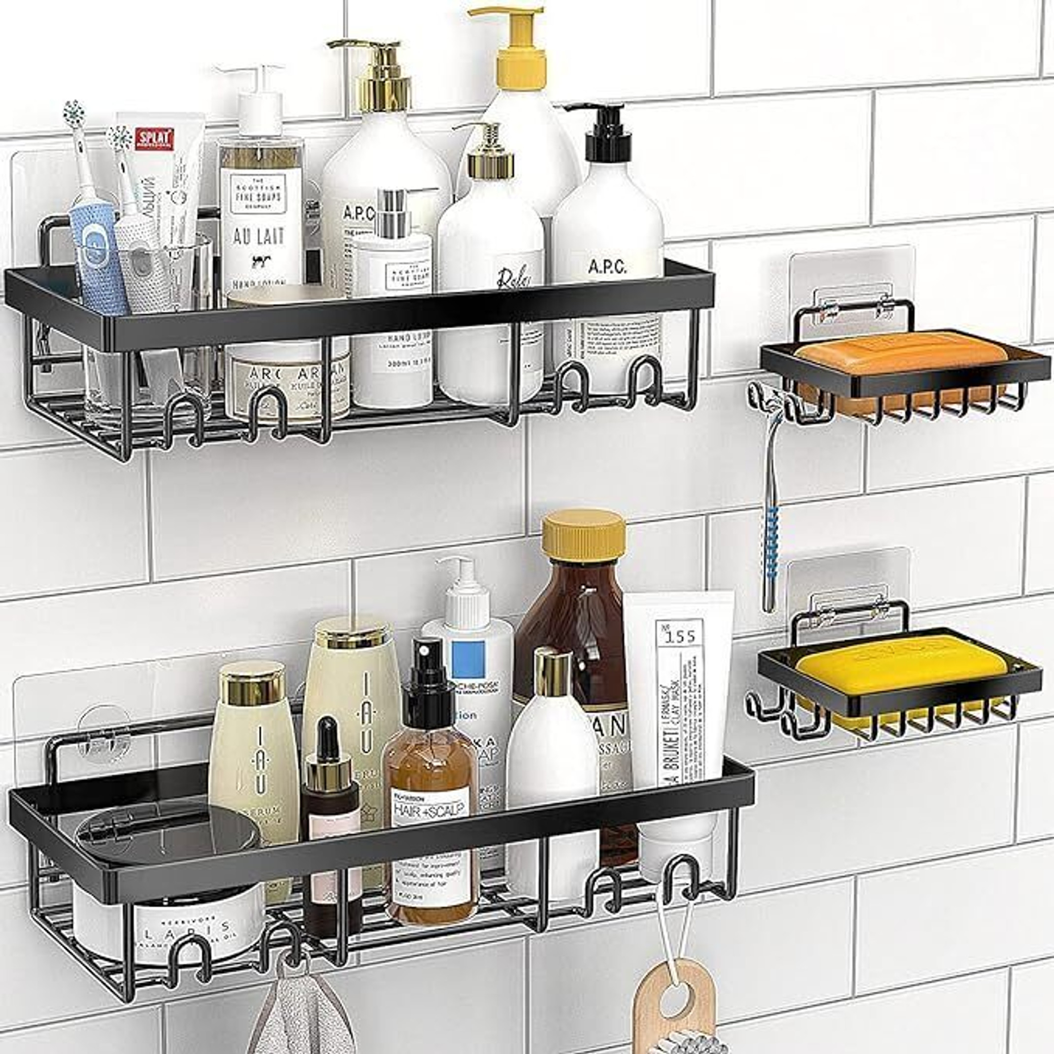 Frap Bathroom Shelve with Hook Wall Mount Storage Bathroom Shelf Pack of 2 Stainless Steel Wall Shelf (Number of Shelves - 2, Black)