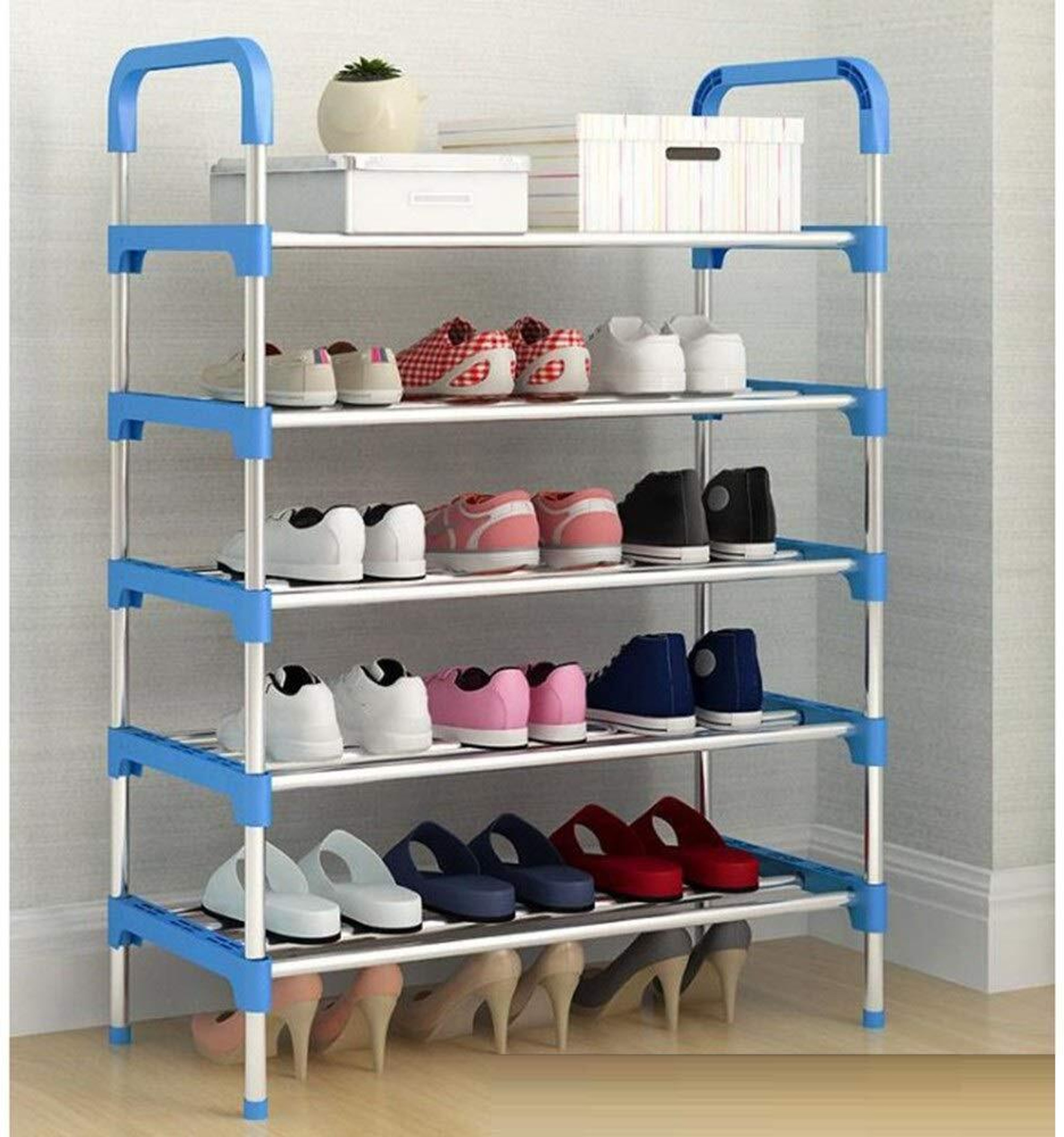 SAISAP SAISAP 5-LAYER CARBON STEEL BLUE SHOESTAND Metal Collapsible Shoe Stand (BLUE, 5 Shelves, DIY(Do-It-Yourself))