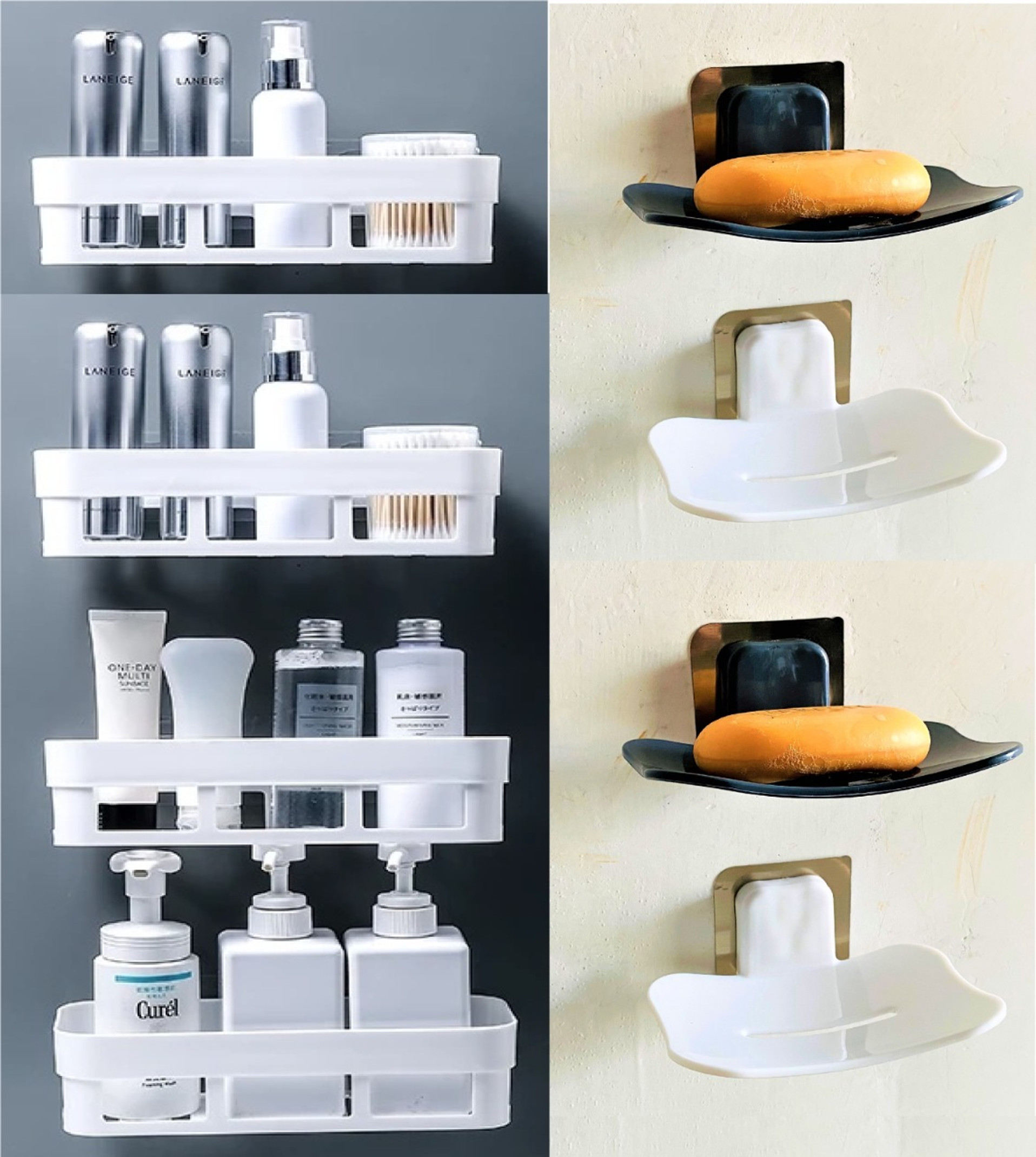 ALUCINANTE 4 Multipurpose Wall Shelves 4 Soap Holder For Bathroom And kitchen With Sticker (White)
