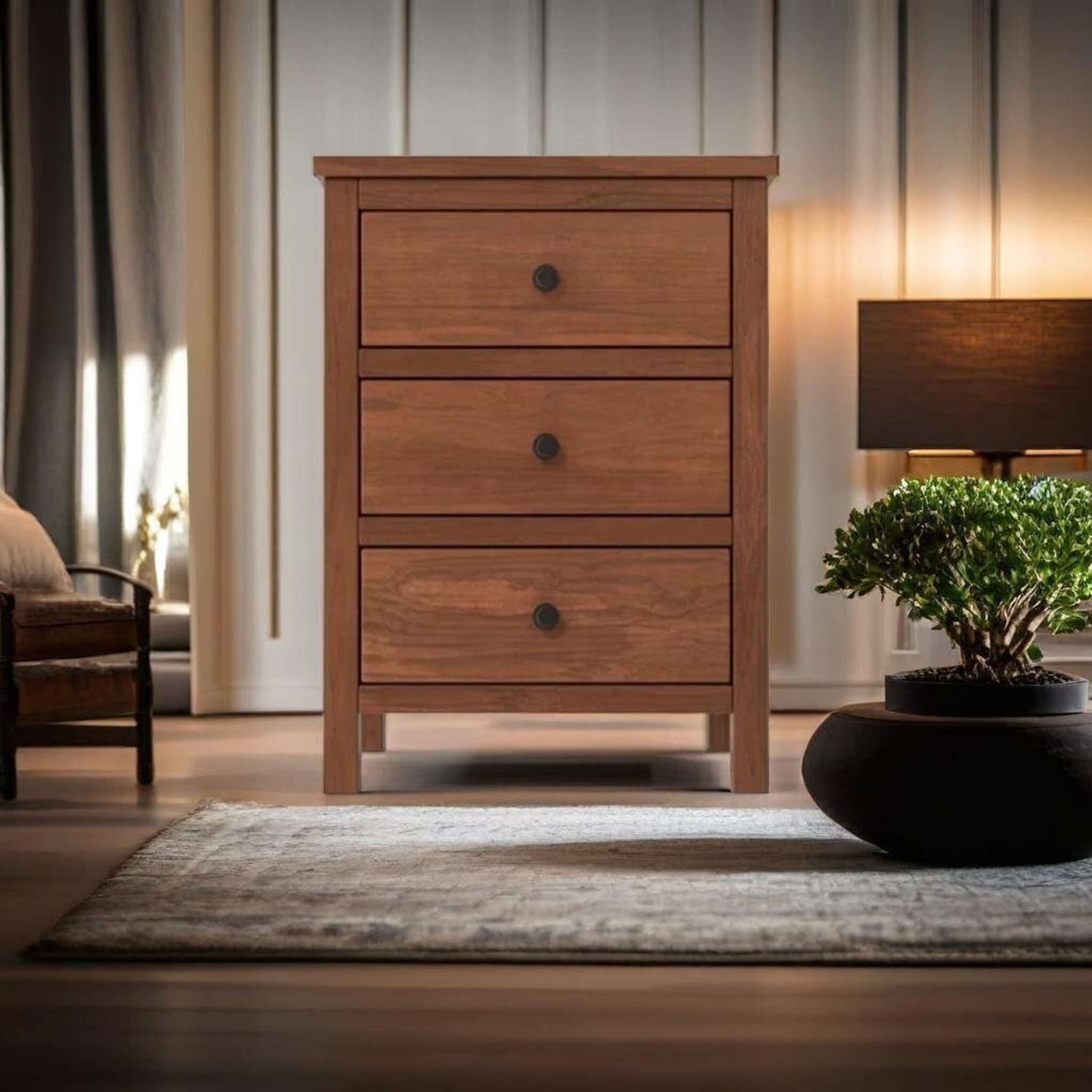 TRUE FURNITURE Sheesham Wood Bed Side Table for Bedroom with 3 Drawer Solid Wood Bedside Table (Finish Color - Brown, Pre-assembled)