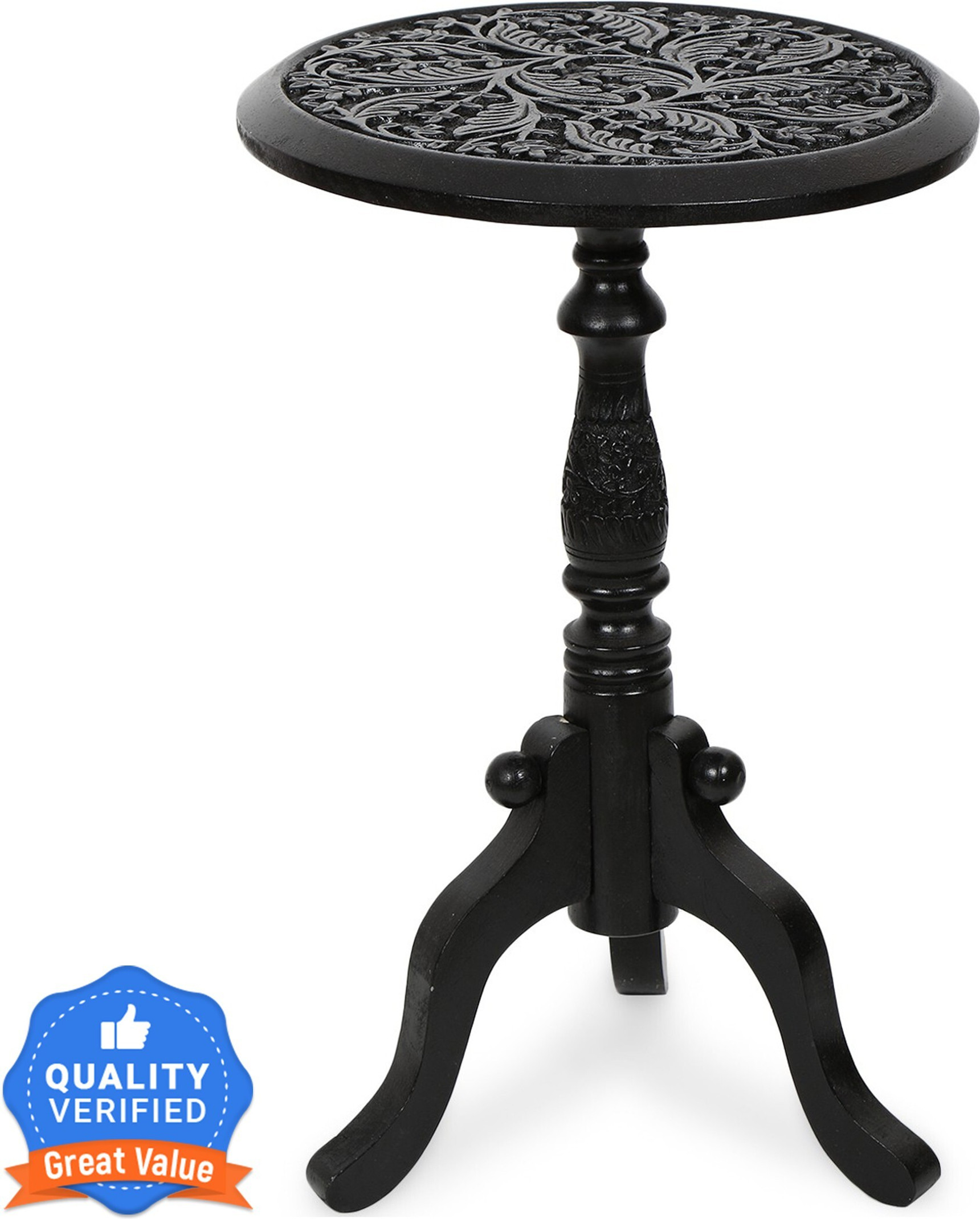 Decorhand Wooden Handcrafted Carved Solid Folding Table Solid Wood Side Table (Finish Color - Black, Pre-assembled)